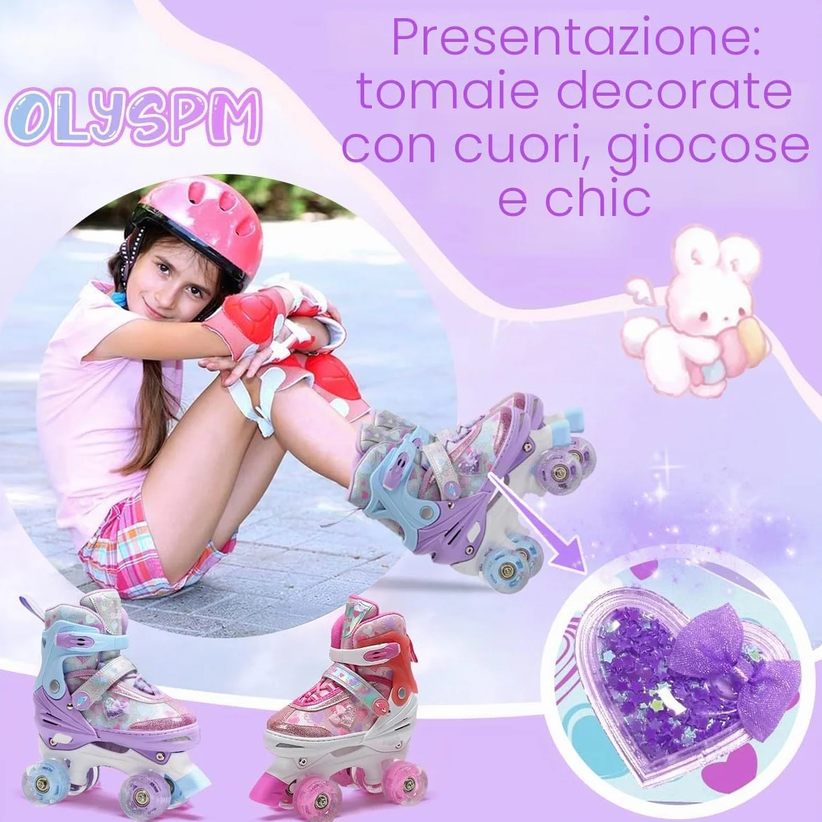 Pattini a Rotelle Bambina con Cuori Sognanti e Ruote Luminose, 4 Taglie Regolabili