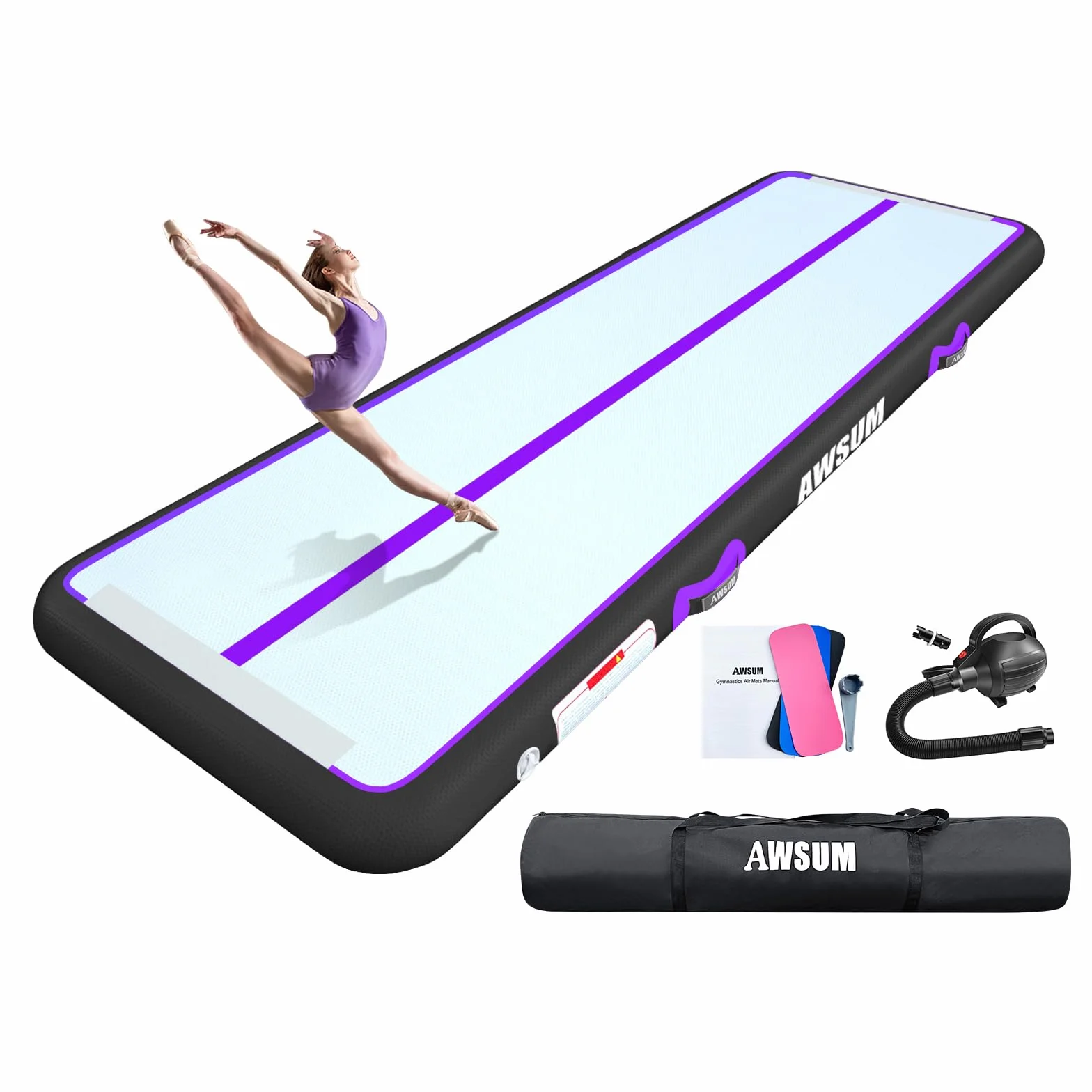 AWSUM Tappetino da Ginnastica Gonfiabile, 2/3/4/5/6m Air Tumbling Track Ginnastica Artistica 10/20 cm, Air Materassino da Fitness Yoga Taekwondo per Casa, Campeggio