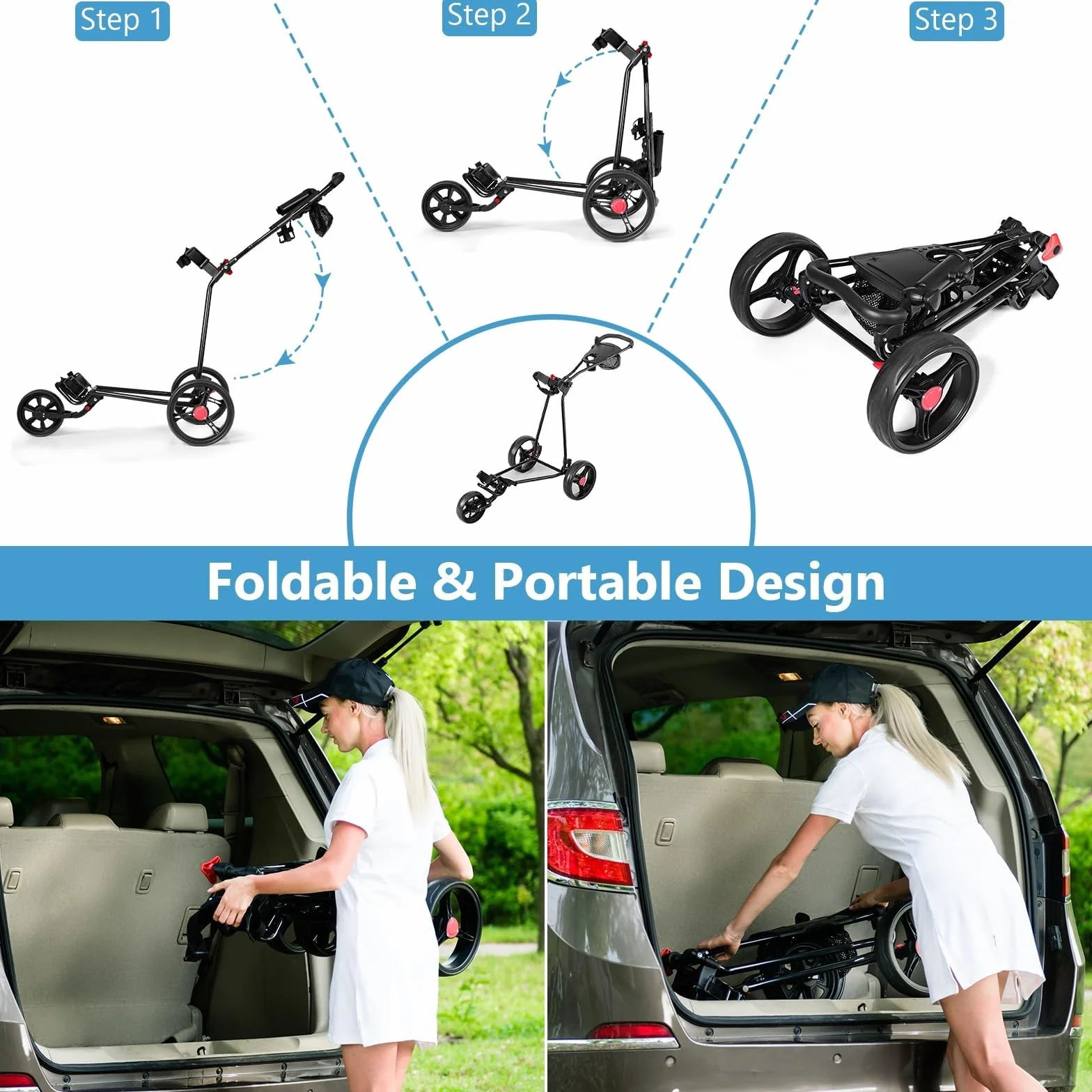 LIFEZEAL Carrello da Golf Pieghevole a 3 Ruote, Maniglia Regolabile TPR, Freno a Pedale, Ferro, Portaombrelli, Nero