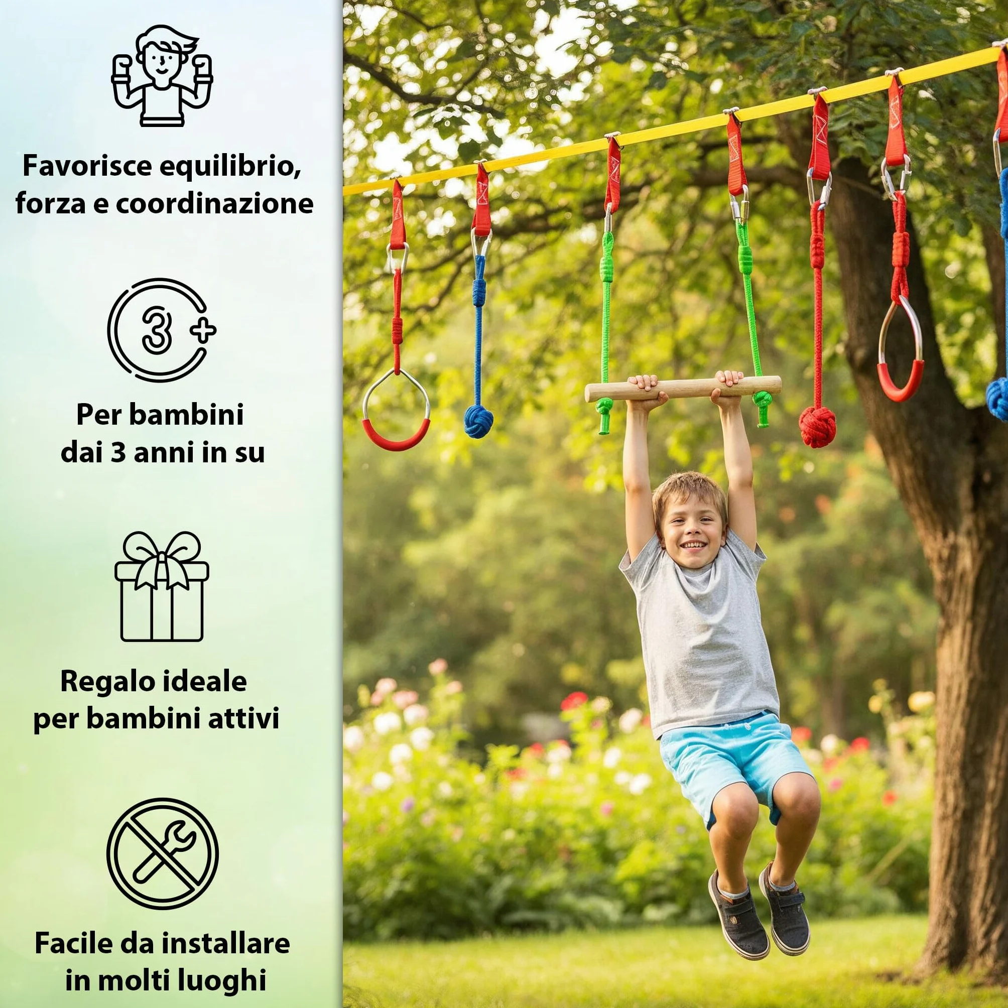 ALPIDEX Ninja Warrior Set 15 m Slackline Percorso Sospeso Ostacoli Ginnastica Bambini