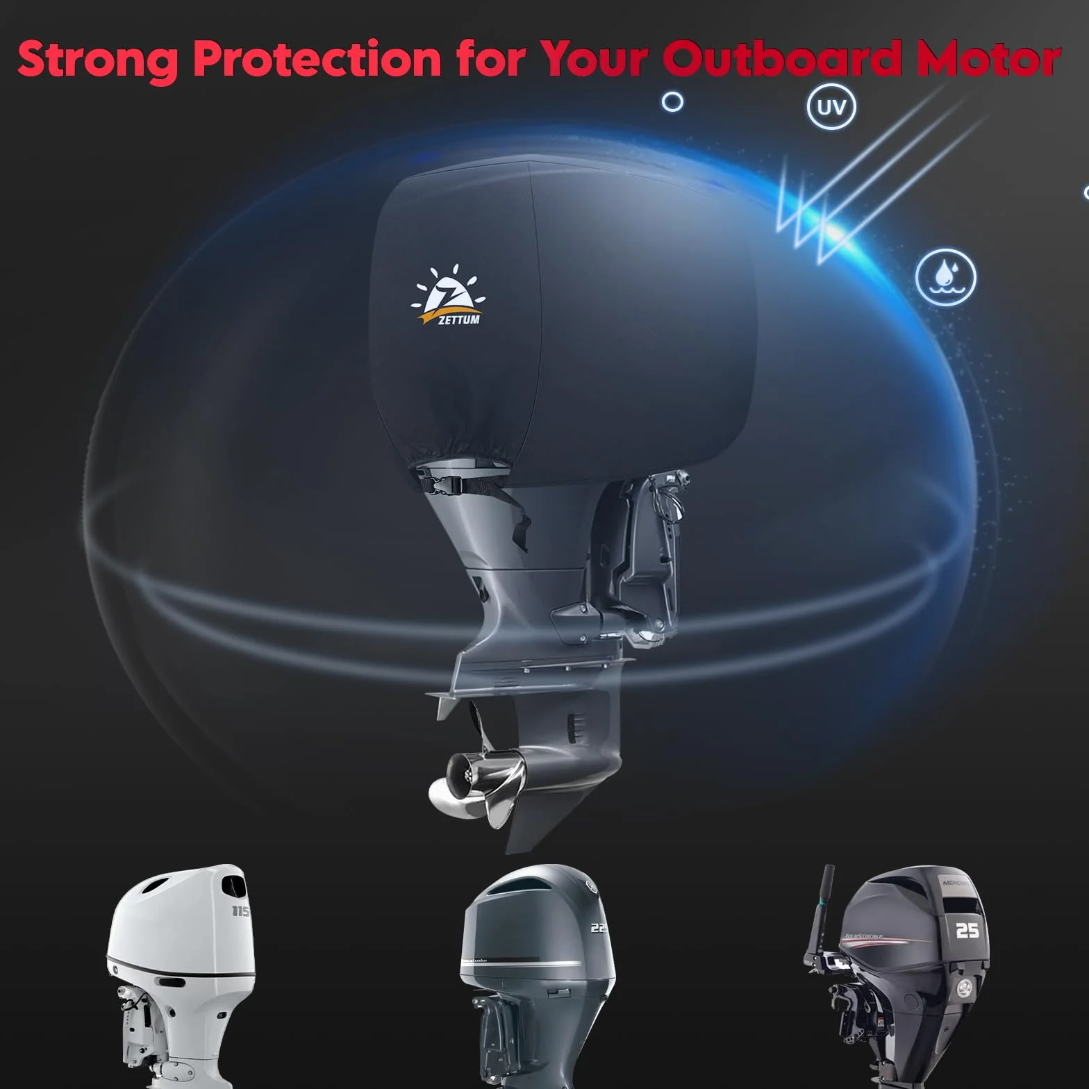 Zettum Copertura Motore Fuoribordo 115-225 HP 600D Oxford Impermeabile UV Resistente per Mercury