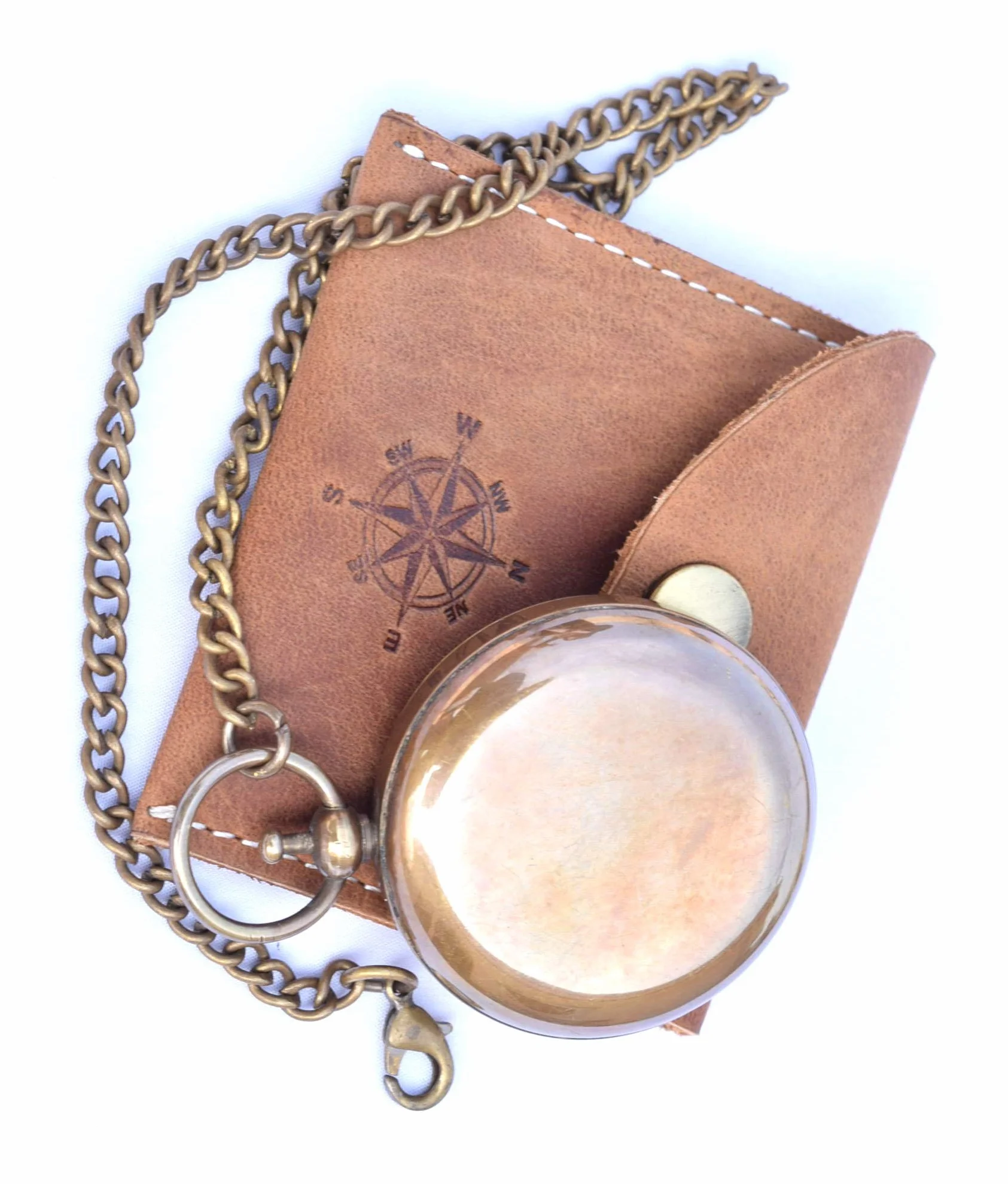 Bussola in Ottone Portatile con Catena e Custodia in Pelle