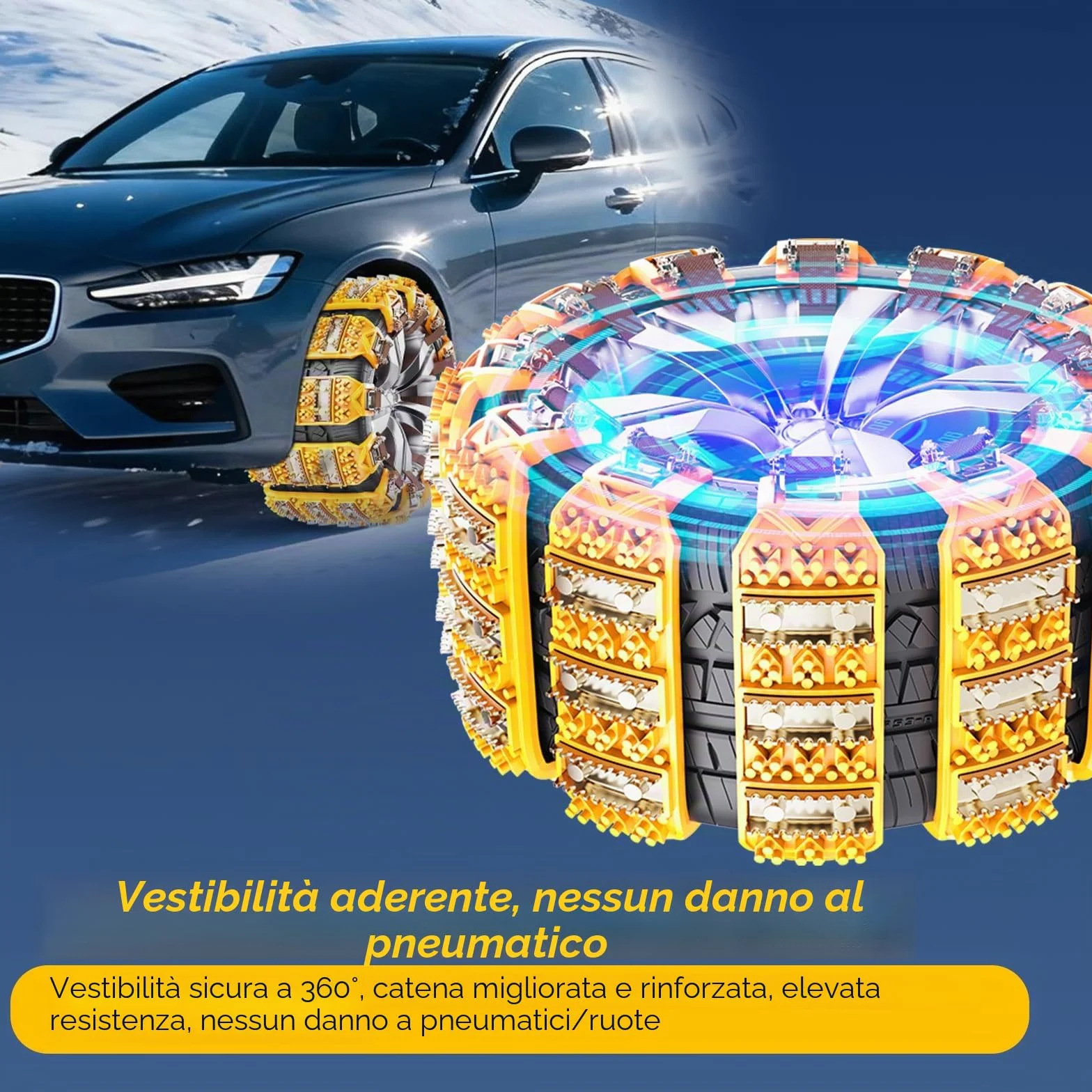 Catene da neve Oziral 8 pezzi regolabili per pneumatici 165-255 mm antiscivolo chiodate Giallo