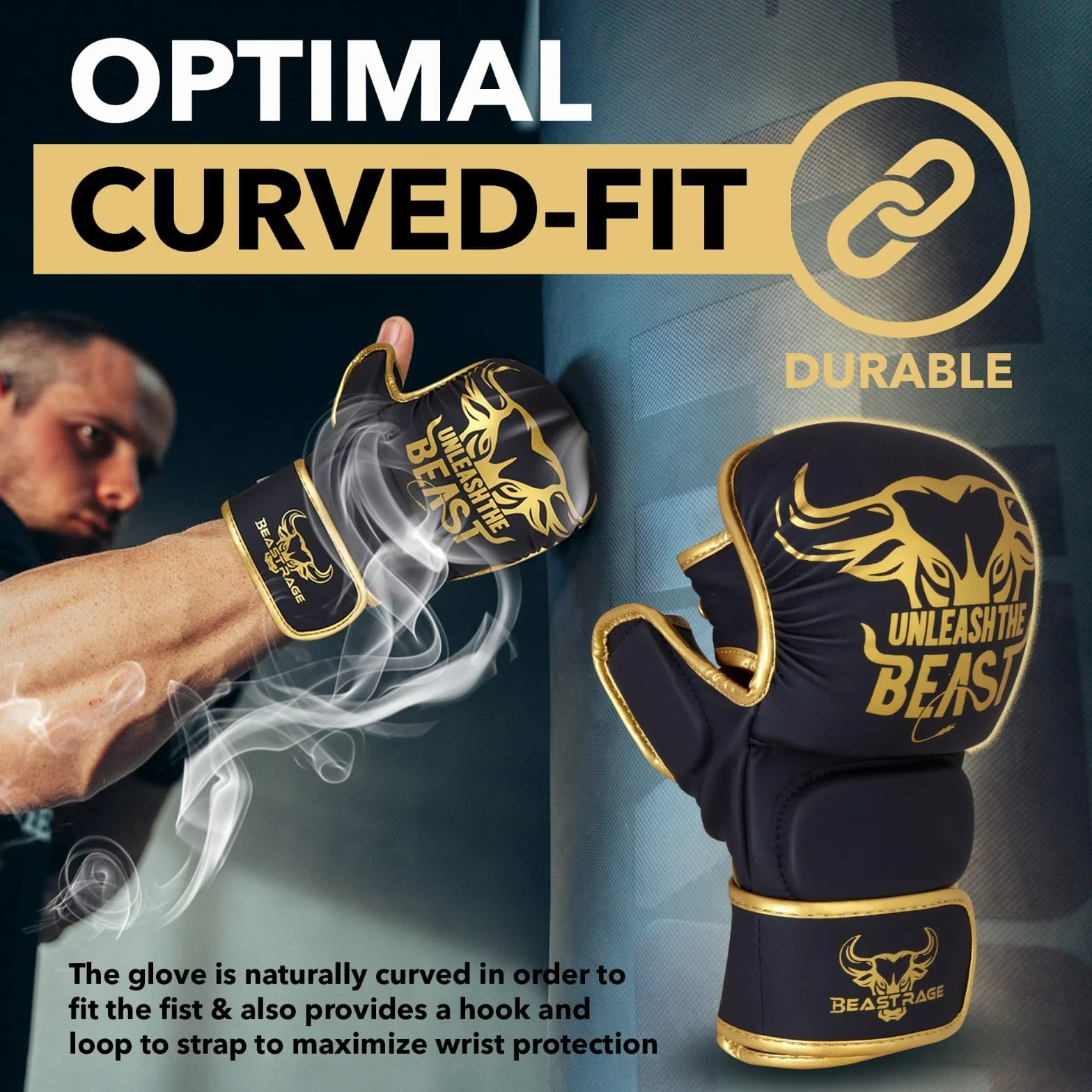 BEAST RAGE Guanti da MMA con Supporto per Polso Regolabile e Palmo Aperto per Arti Marziali, Grappling, Sparring, Muay Thai, Combattimento, Taekwondo, Kickboxing, Boxe, Allenamento