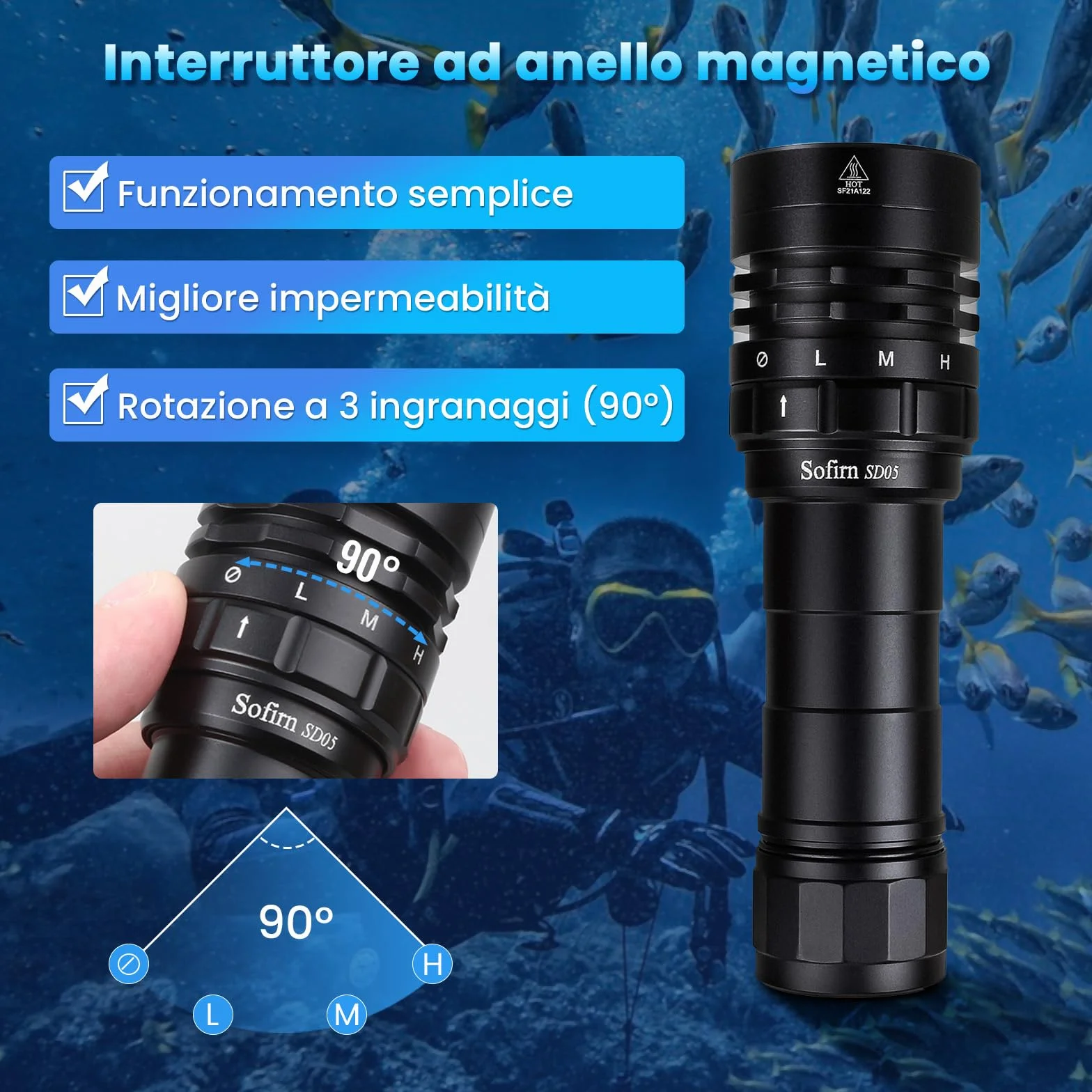 Sofirn SD05 Torcia Subacquea LED 3000 Lumen Impermeabile 100 Metri