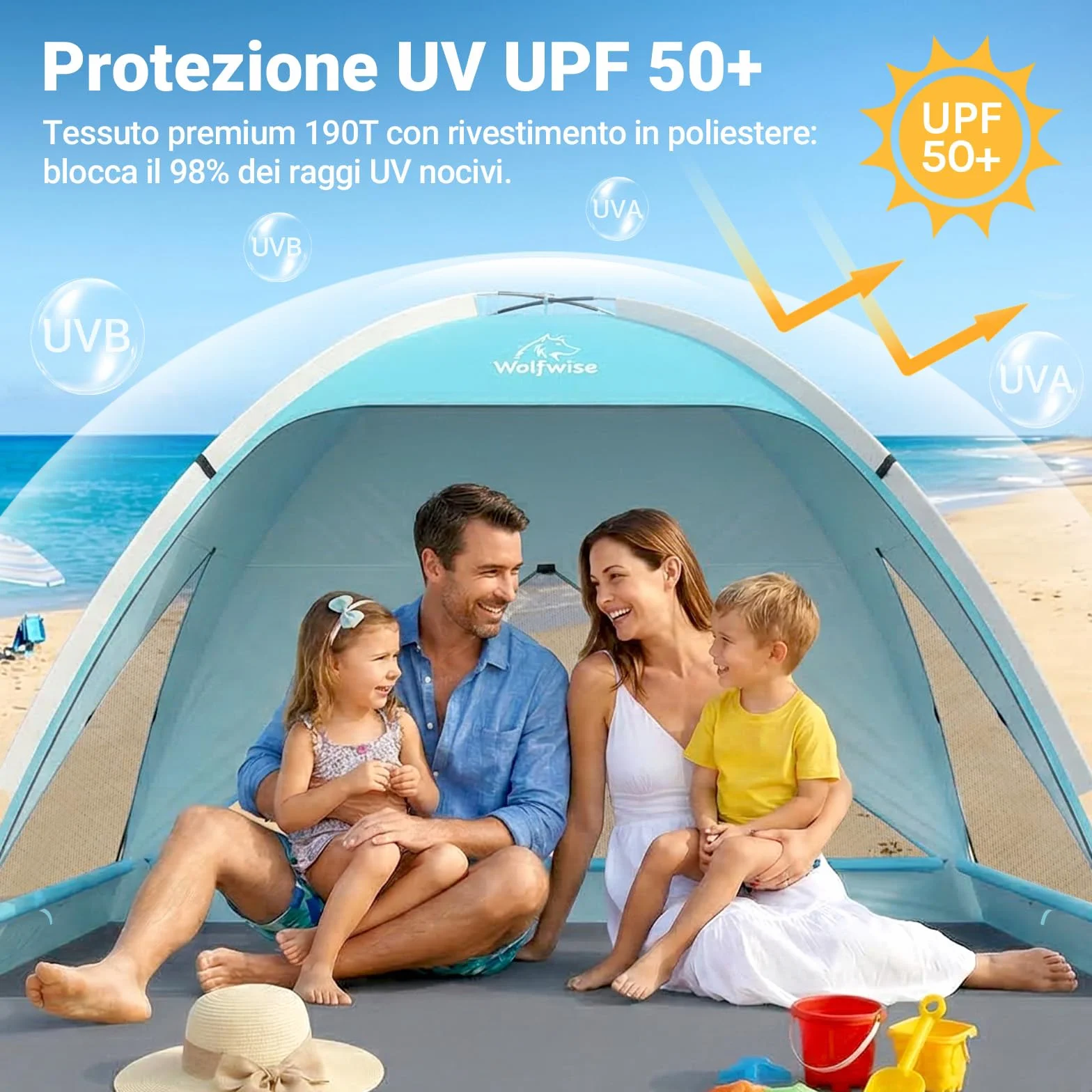 Wolfwise Tenda da Spiaggia UPF 50+ Famiglia Riparo Solare Anti-UV 3 Finestre Ventilate Pavimento Estensibile Borsa Trasporto 4 Persone Blu