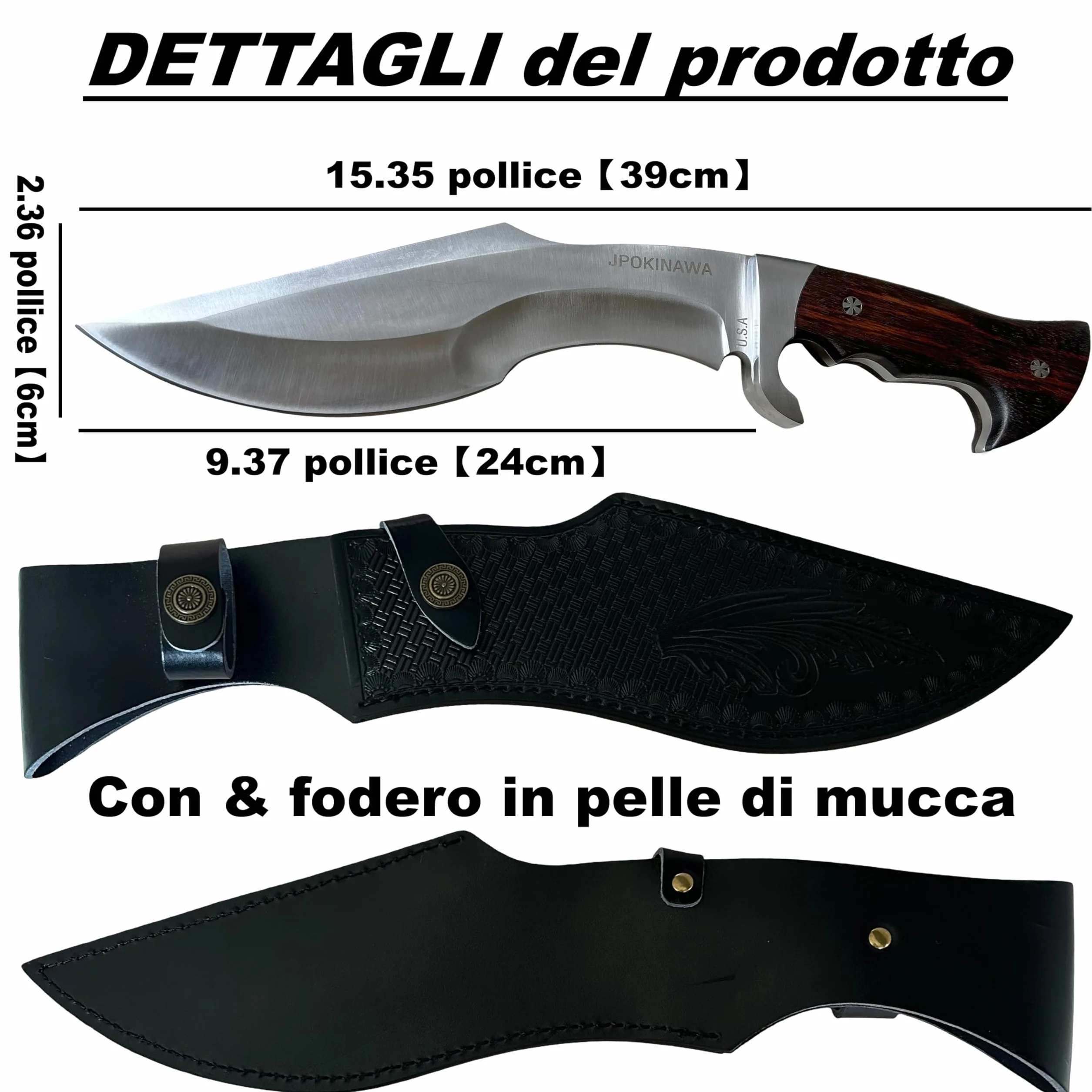 39cm【peso coltello 0.77kg】 machete pesante - Tang completo 60HRC Lama in acciaio ad alto tenore di carbonio Manico in legno di ebano Con fodero in pelle di mucca