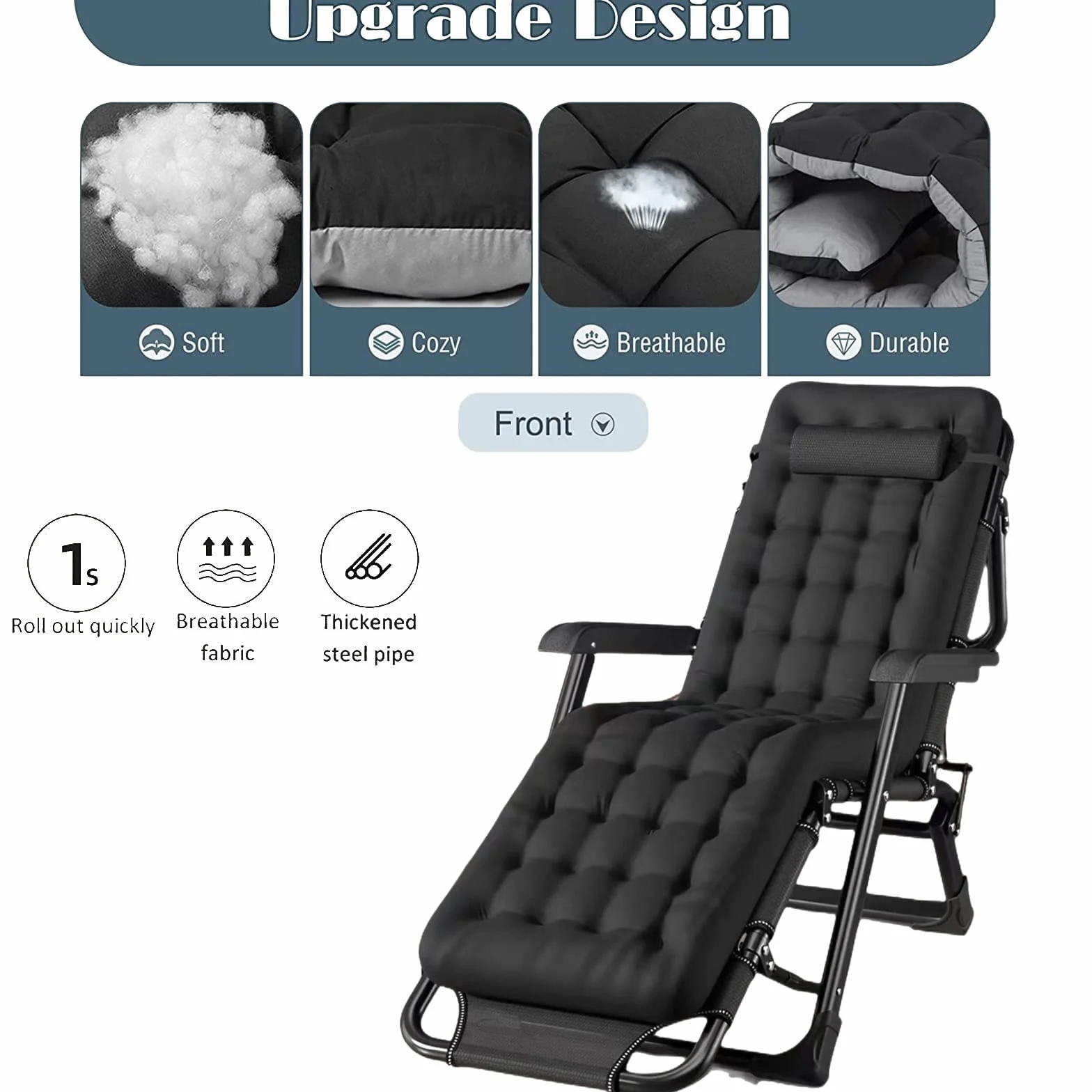 Letto da Campeggio Pieghevole Portatile, Sedia Sdraio Regolabile con Imbottitura Oversize, Letto A gravità Zero per Il Riposo All'aperto, Viaggi E Uso in Ufficio (Color : Black with Mattress)