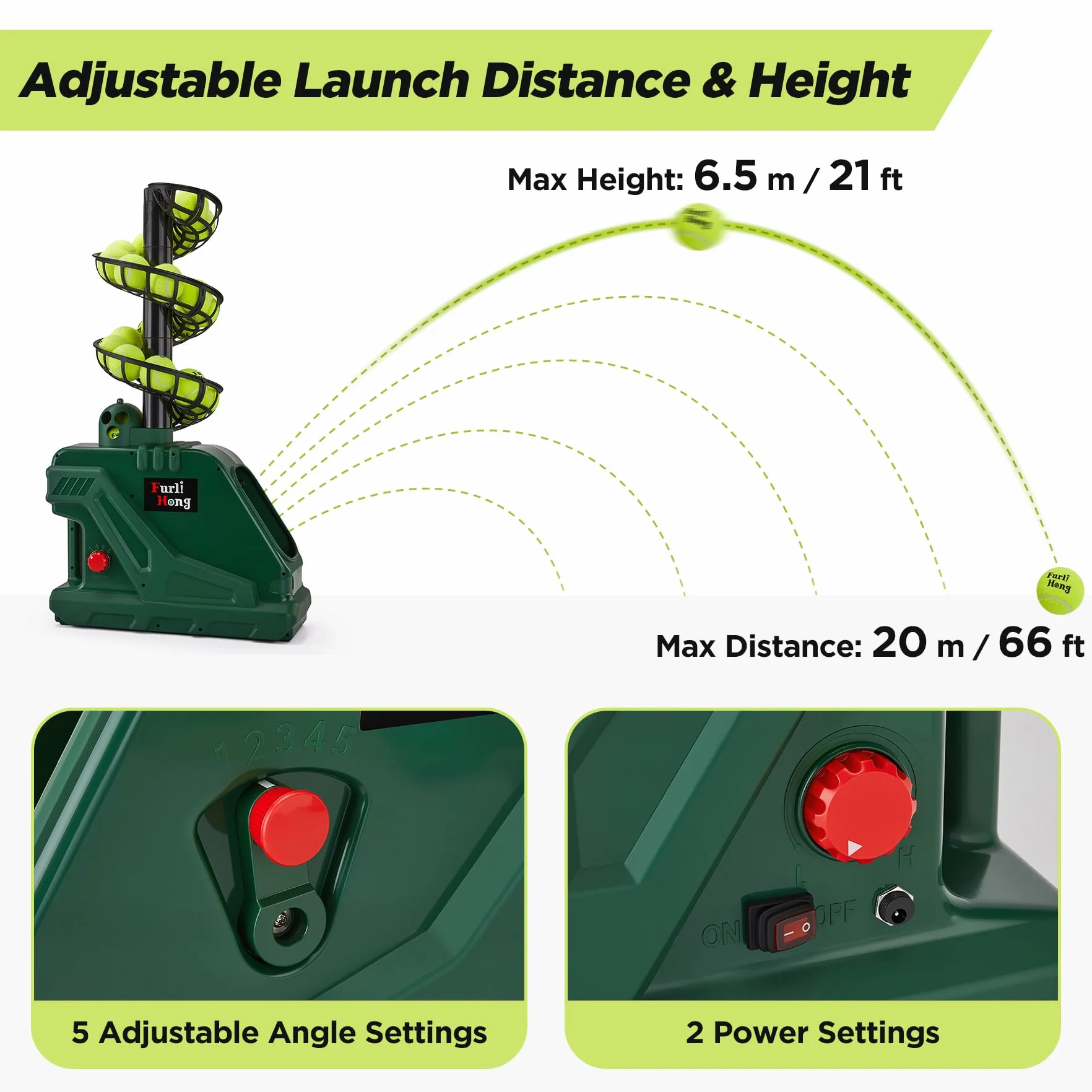 Furlihong 3819BH Macchina per pallina da tennis, 30 MPH, angolo di lancio regolabile, batteria o adattatore 12V