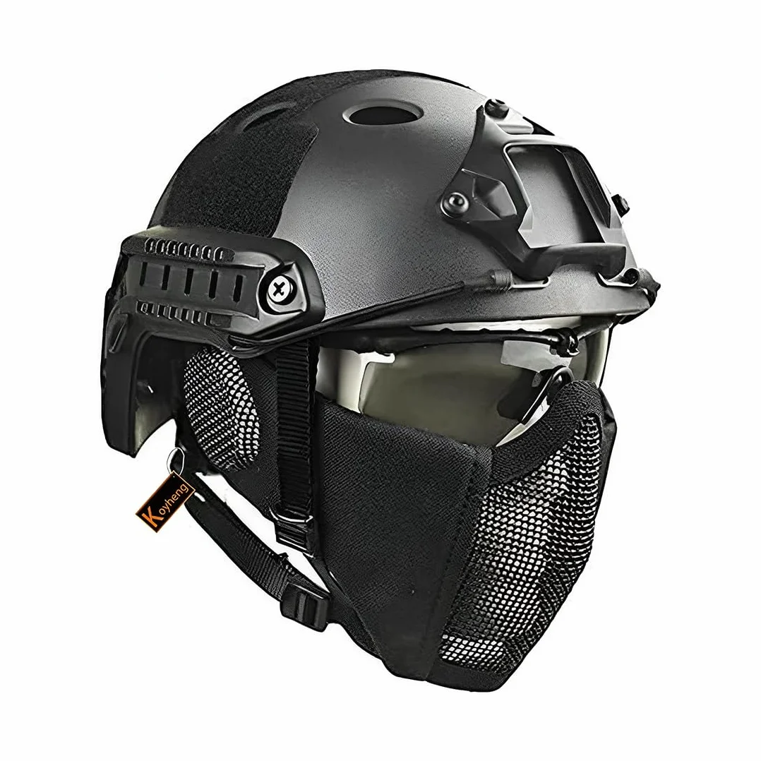 Casco Fast Tattico MH Combinato Protezione Orecchie Pieghevole Maschera Rete Mezza Faccia Occhiali Airsoft Paintball