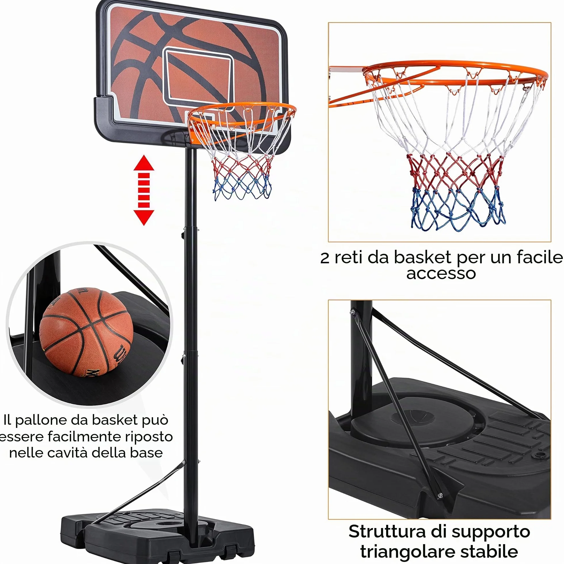 Yaheetech Canestro da Basket Regolabile 233-308 cm HDPE Metallo Interno Esterno Nero Arancione