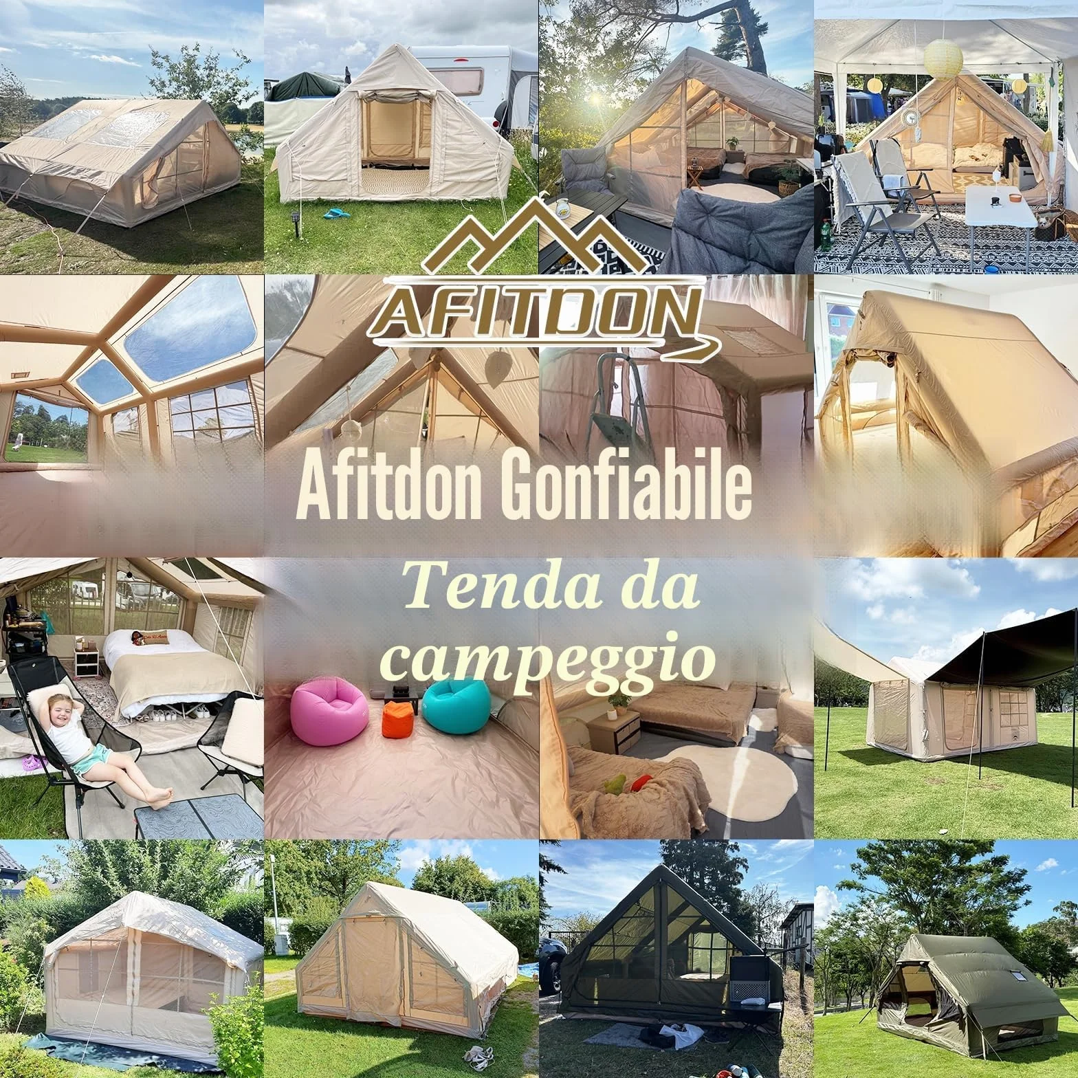 Tenda da campeggio gonfiabile 2-8 persone con apertura camino e lucernario, Oxford impermeabile 4 stagioni, pompa aria