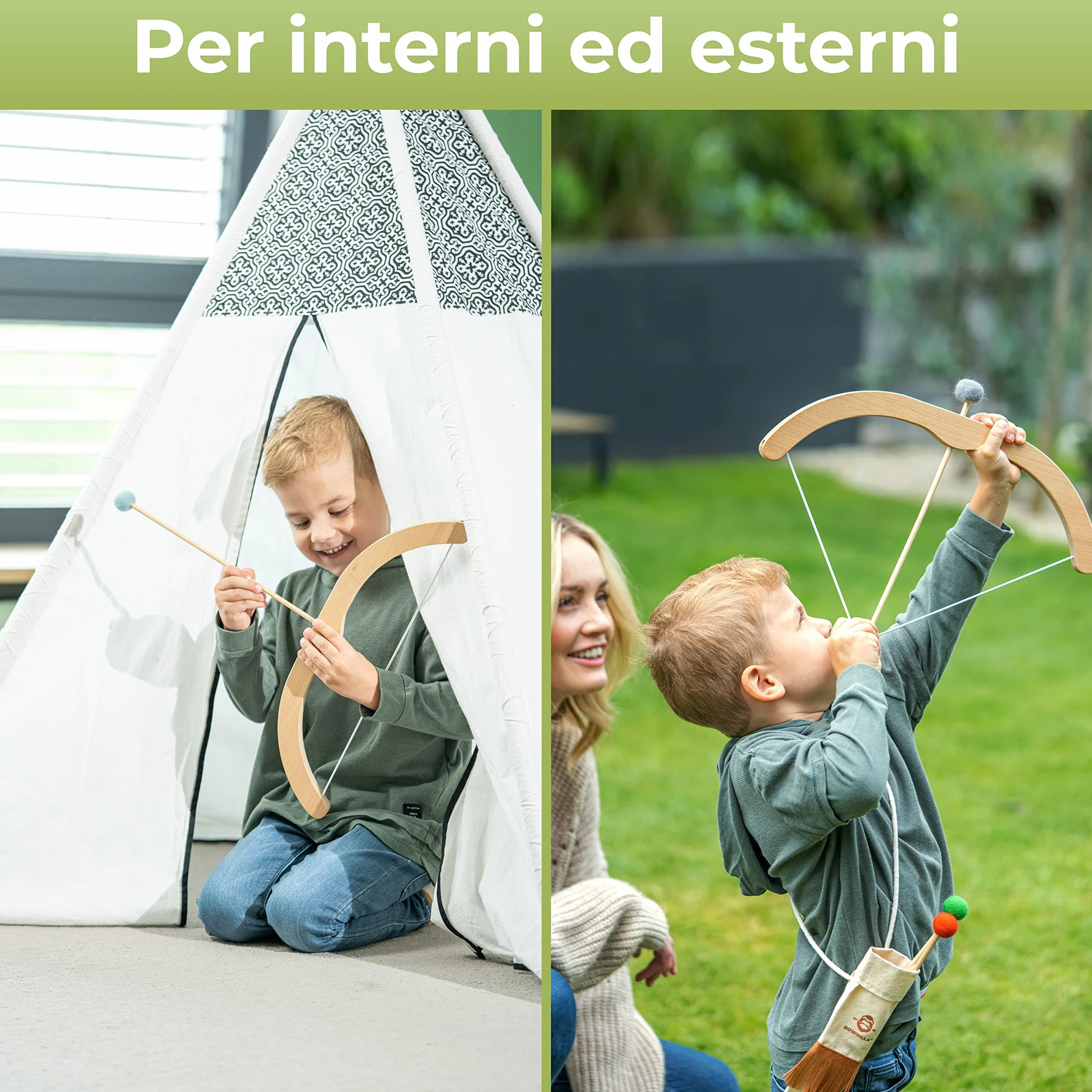 BOWRILLA® Arco e frecce per bambini in legno con 5 frecce, 4 bersagli e porta frecce