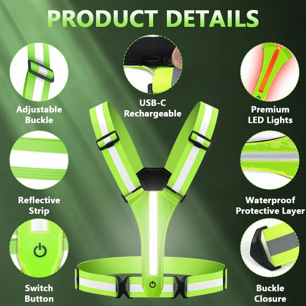 Ainiv LED Bretelle Catarifrangenti 8 Colori Gilet di Sicurezza Ricaricabile USB-C Alta Visibilità Regolabile
