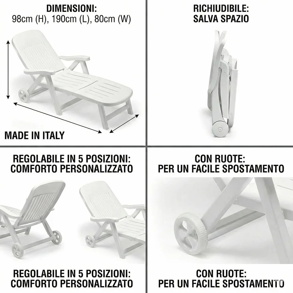 Set di 2 Lettino predisole bianco con ruote Reclinabile 5 posizioni pieghevole S-CAB California Made in Italy Sdraio regolabile
