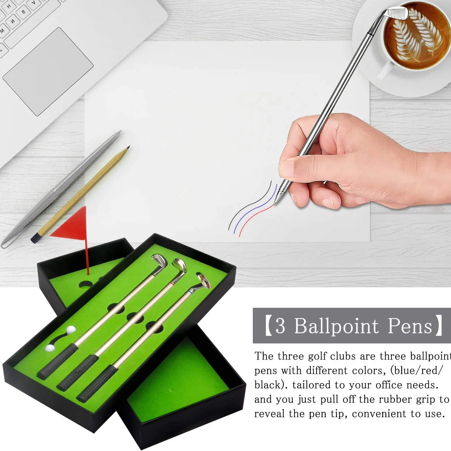 DAWRIS Set di Penne da Golf, Regalo da Golf da Tavolo 3 Bastoncini con Mini Penna a Sfera