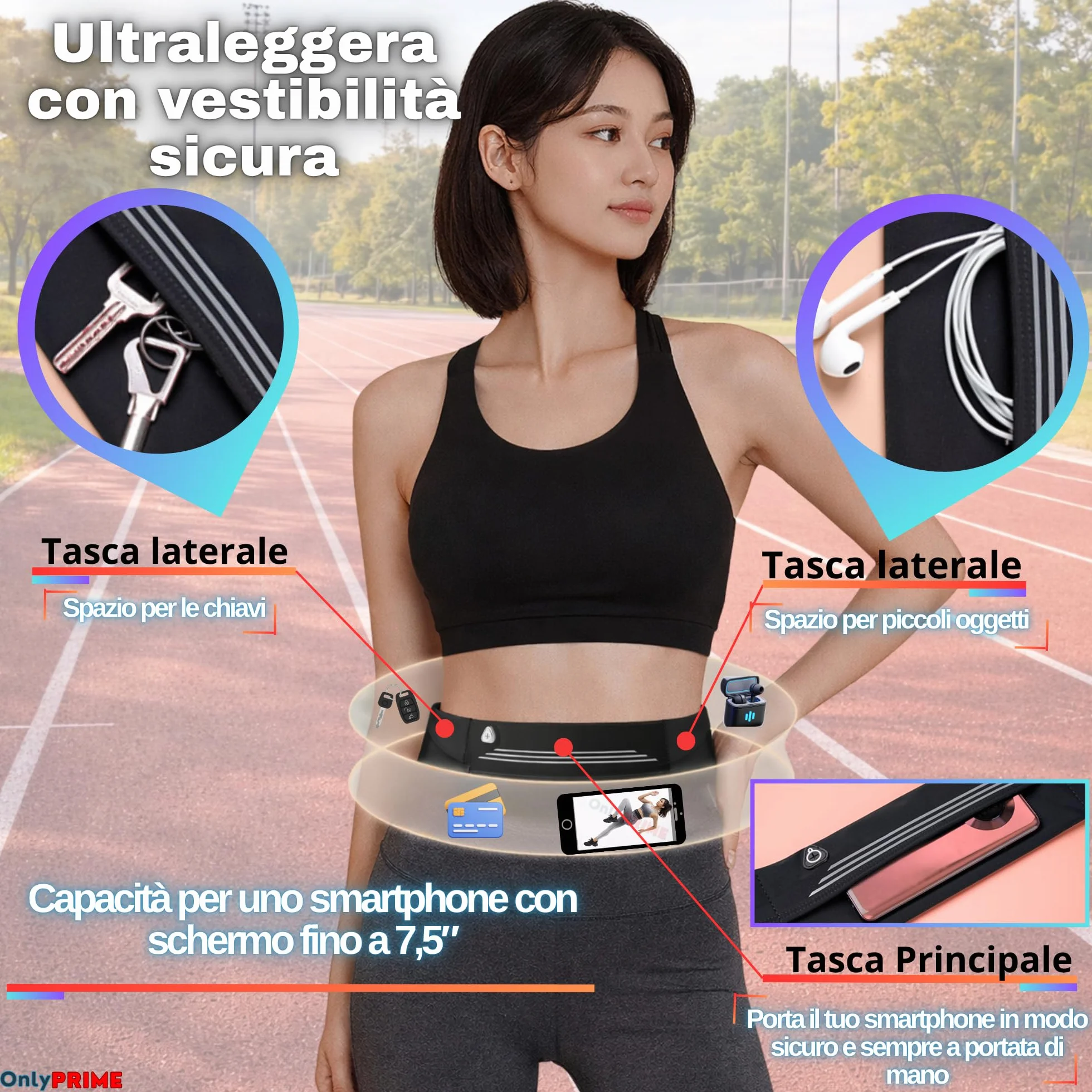 Marsupio Running Uomo Donna Cintura Porta Telefono Corsa Regolabile 60-110 cm Impermeabile con Tasche Design Riflettente