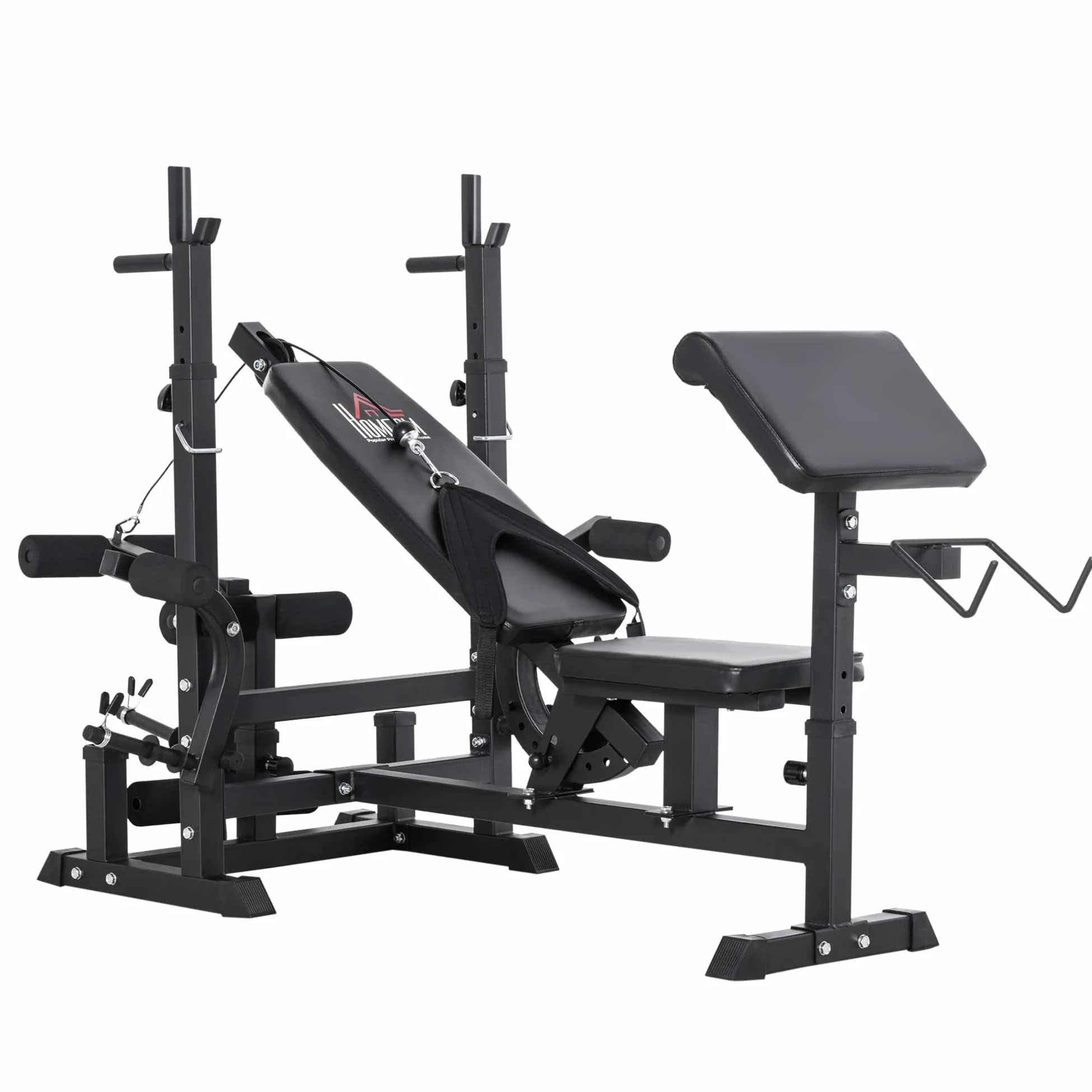 HOMCOM Panca da Palestra con Supporto per Bilanciere e Schienale Regolabile, Panca Pesi con Leg Extension e Leg Curl, Rack per Bilancieri, per Casa Palestra, Nero
