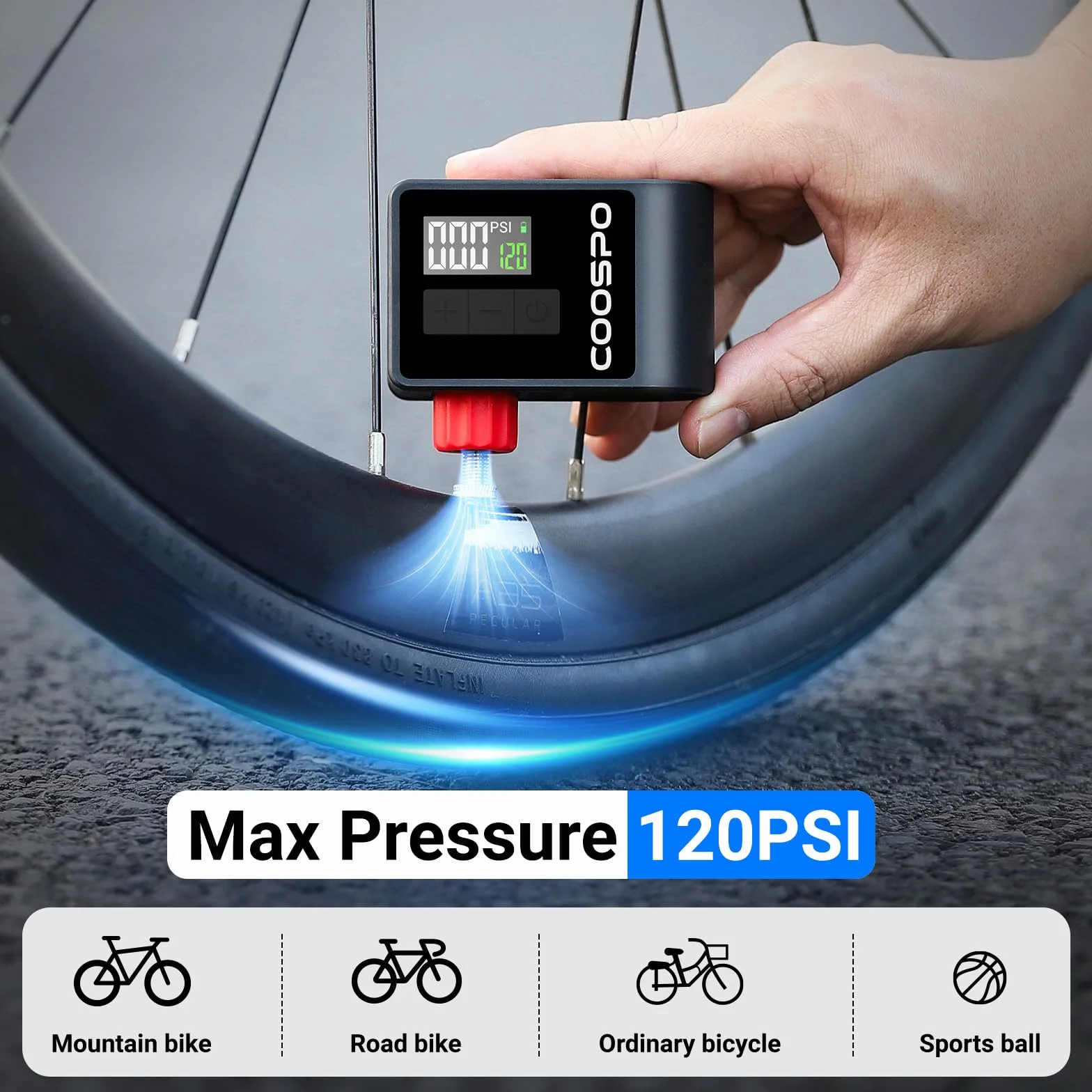 CooSpo Mini Pompa Elettrica per Bicicletta, max 120 PSI, Portatile con Spegnimento Automatico, Valvole Presta Schrader