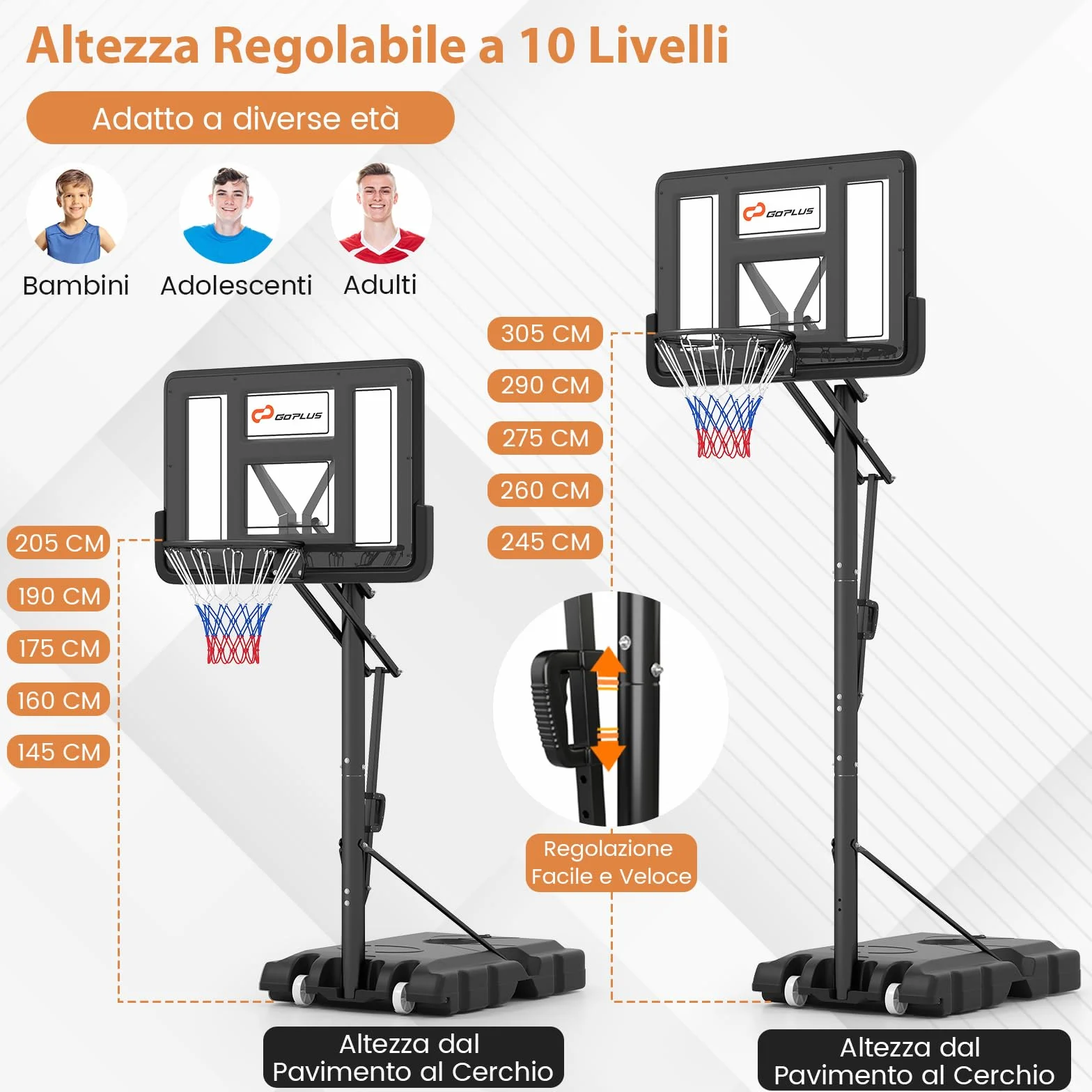 COSTWAY Canestro da Basket da Esterno Portatile Regolabile in Altezza 1,5-3 M Tabellone PC 111 cm Base Riempibile