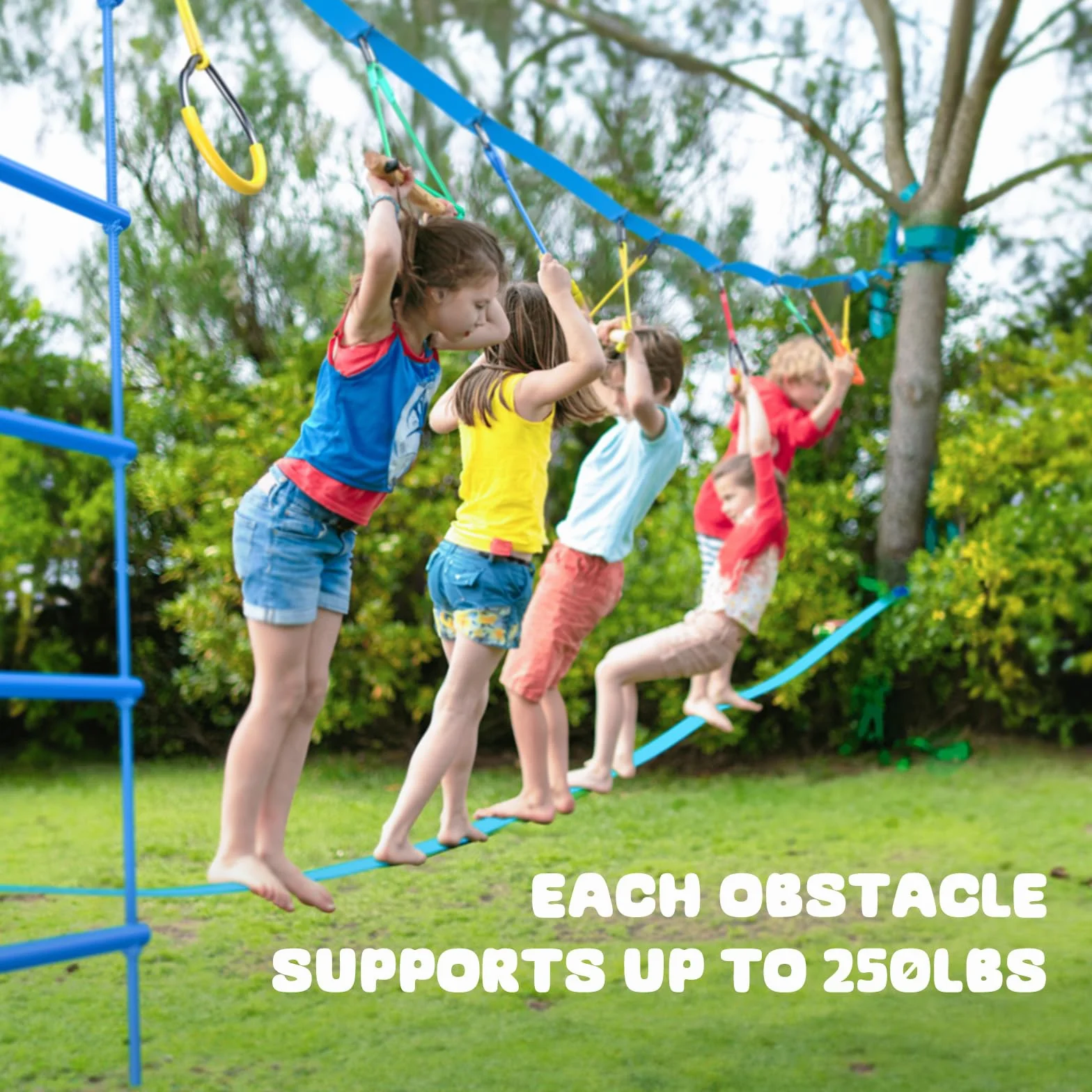 Hapfan 2X50ft Slackline Linea per Bambini con Carrucola, Set di Ostacoli da Arrampicata con Pali, Scala, Anelli e Protezione per Alberi (Blu)