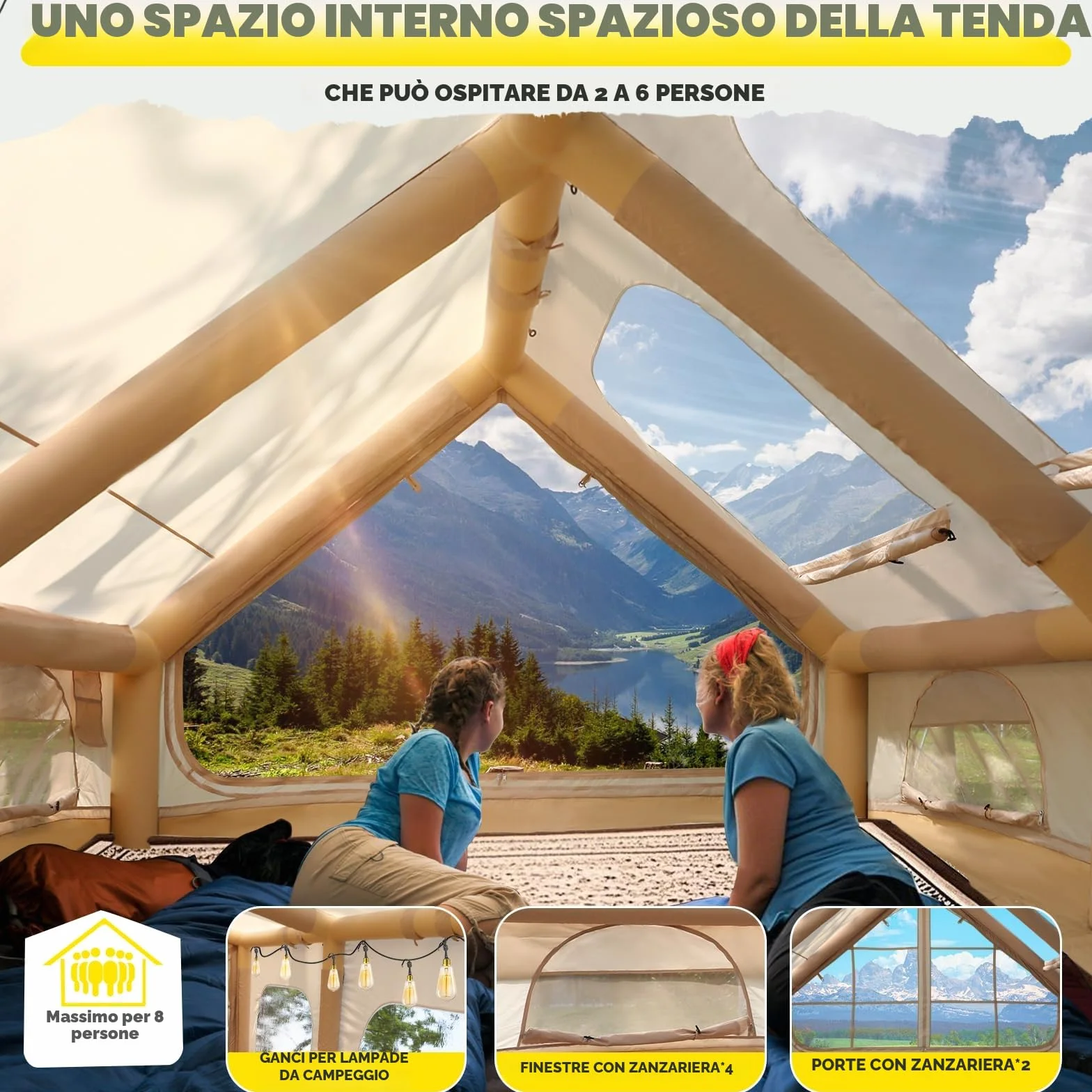 Tenda da campeggio gonfiabile 2-8 persone con apertura camino e lucernario, Oxford impermeabile 4 stagioni, pompa aria
