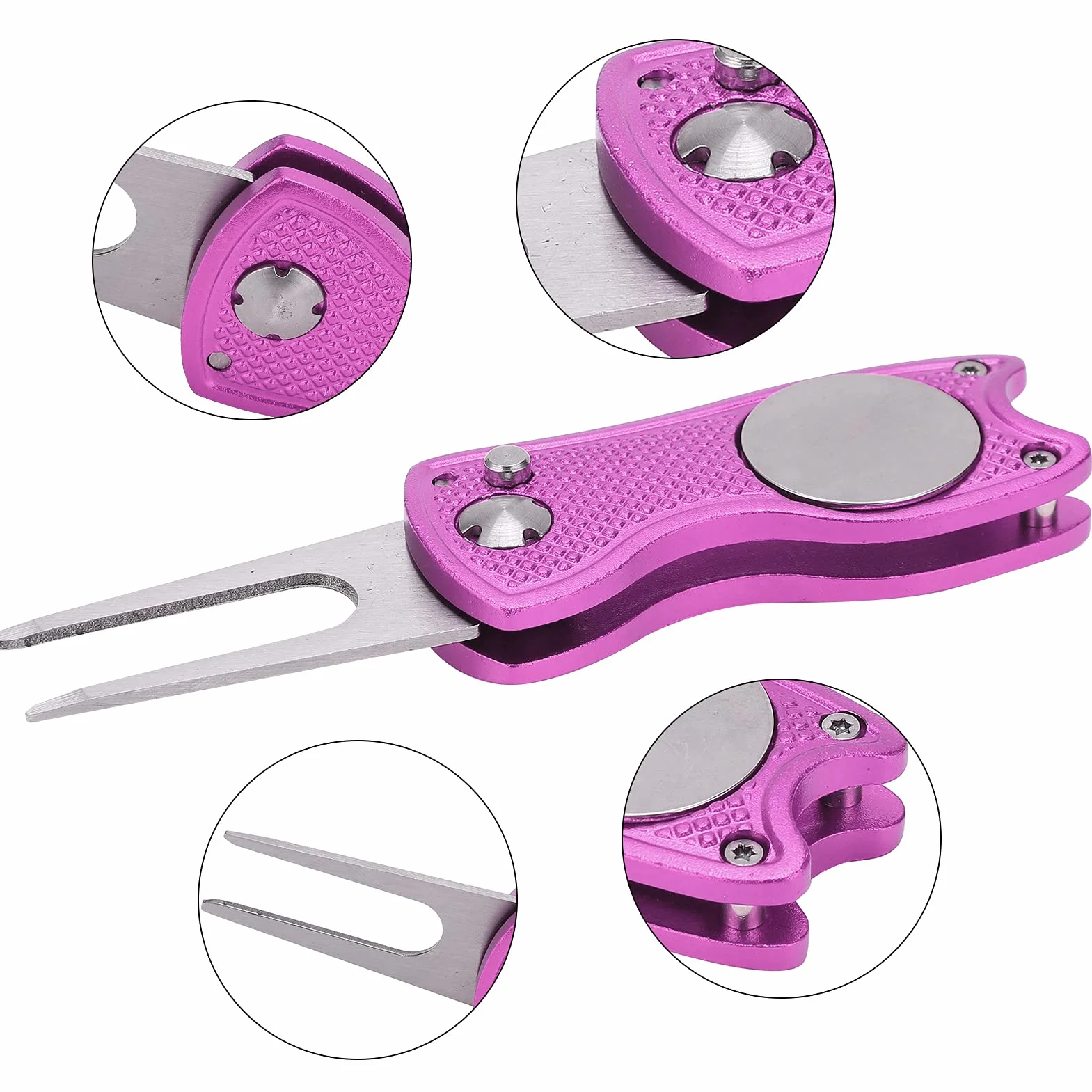 Forchetta da Golf Pieghevole in Acciaio Inossidabile, Strumento di Riparazione Divot Magnetico con Marcapalle, Rosa