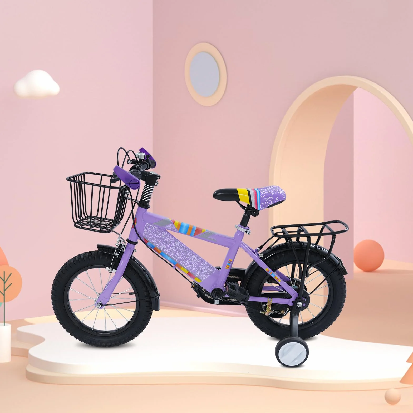 Bicicletta per bambini 14 pollici con stabilizzatore e cestello viola fino a 50 kg 3-6 anni