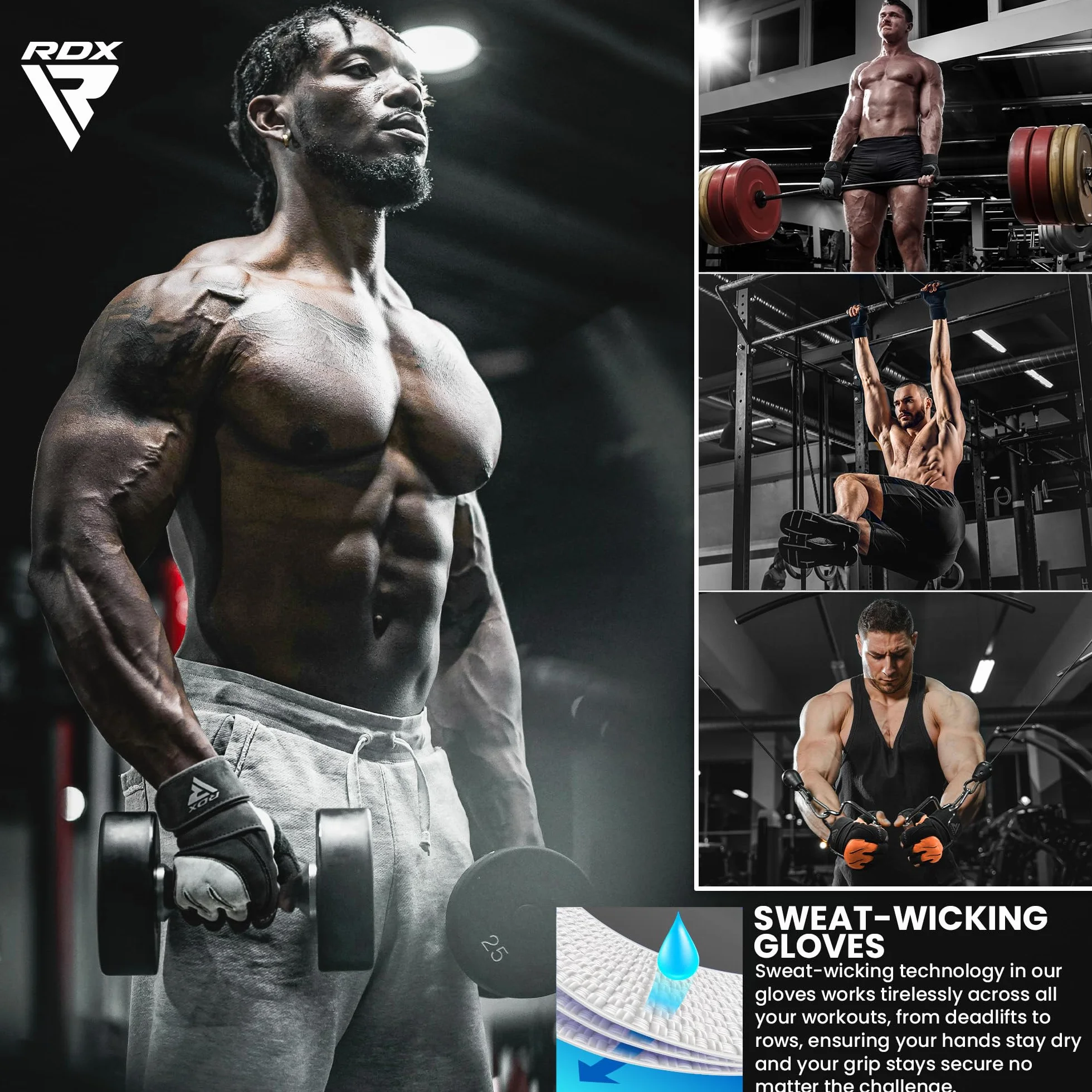 RDX Guanti Palestra Pelle Fitness Lunghi Polso Sollevamento Pesi Antiscivolo