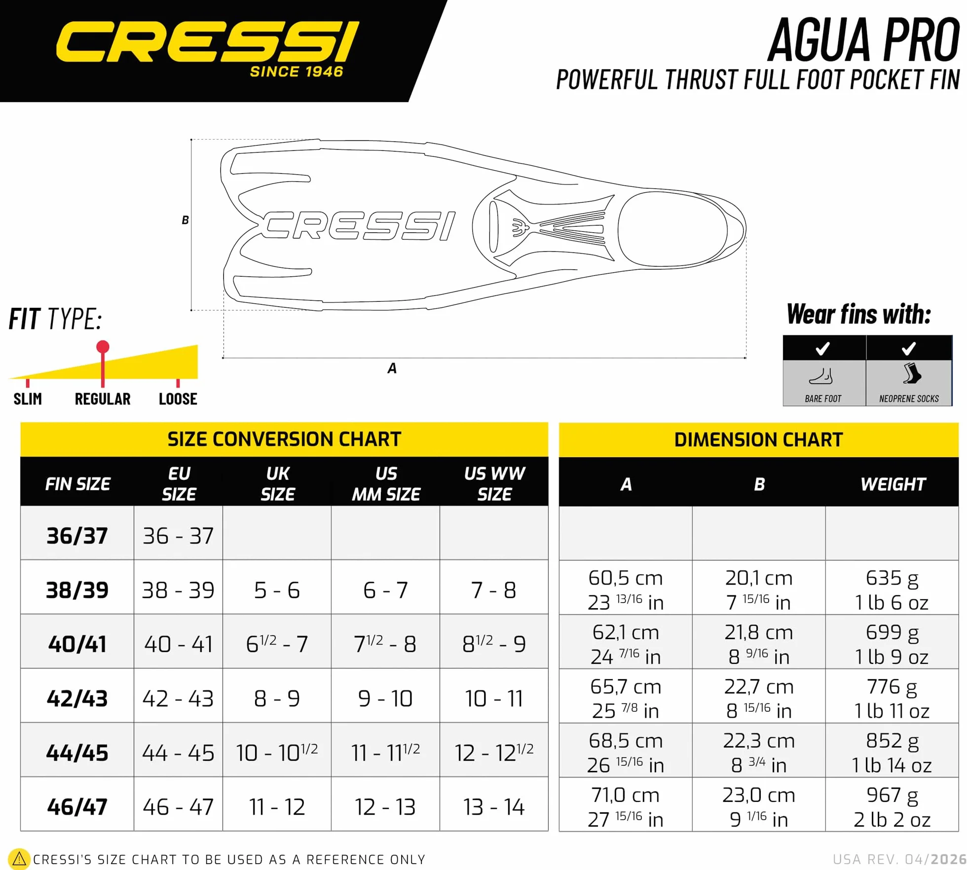 Cressi Agua PRO Fins - Pinna a Scarpetta Chiusa per Snorkeling, Apnea, Piscina