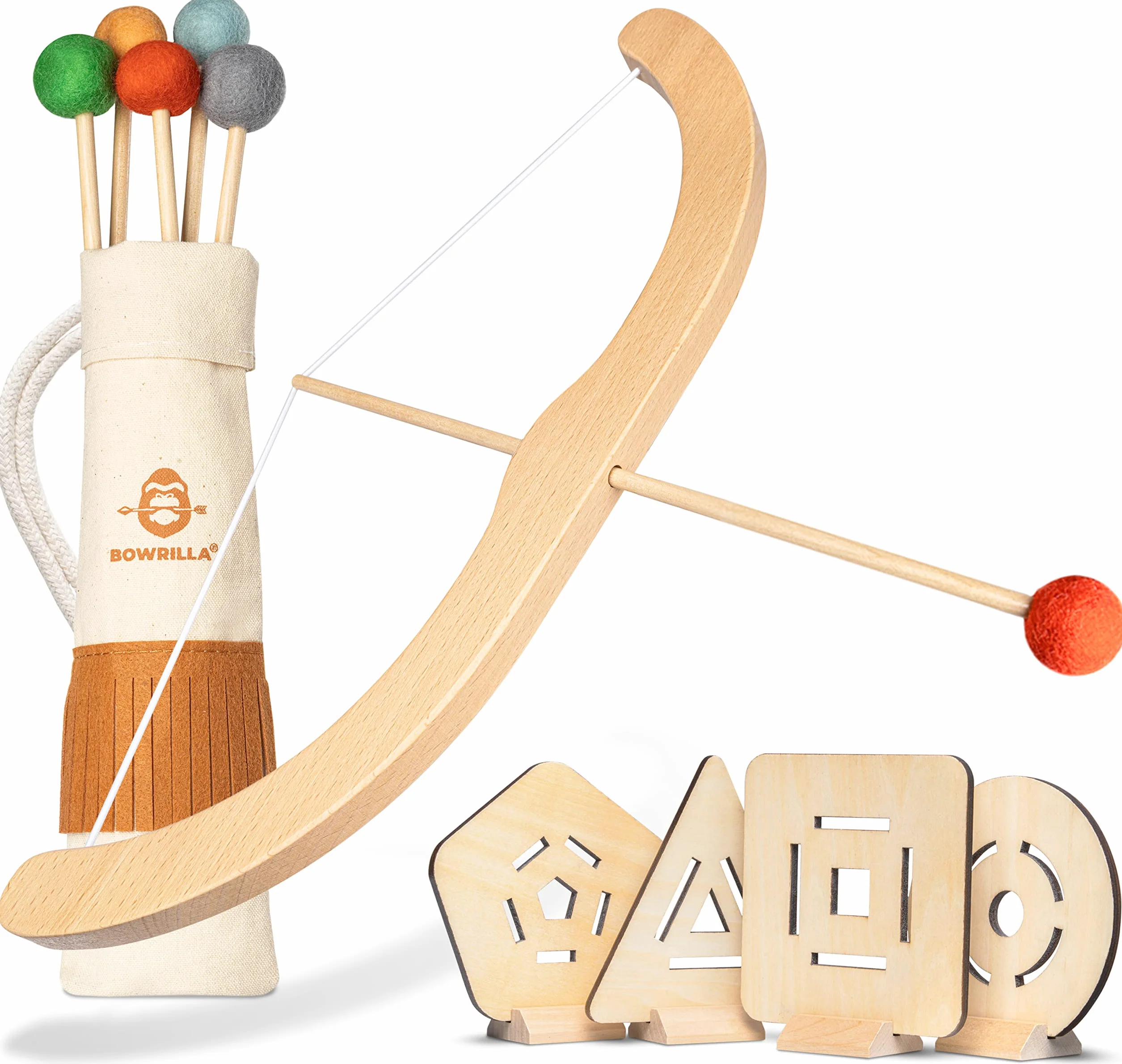 BOWRILLA® Arco e frecce per bambini in legno con 5 frecce, 4 bersagli e porta frecce