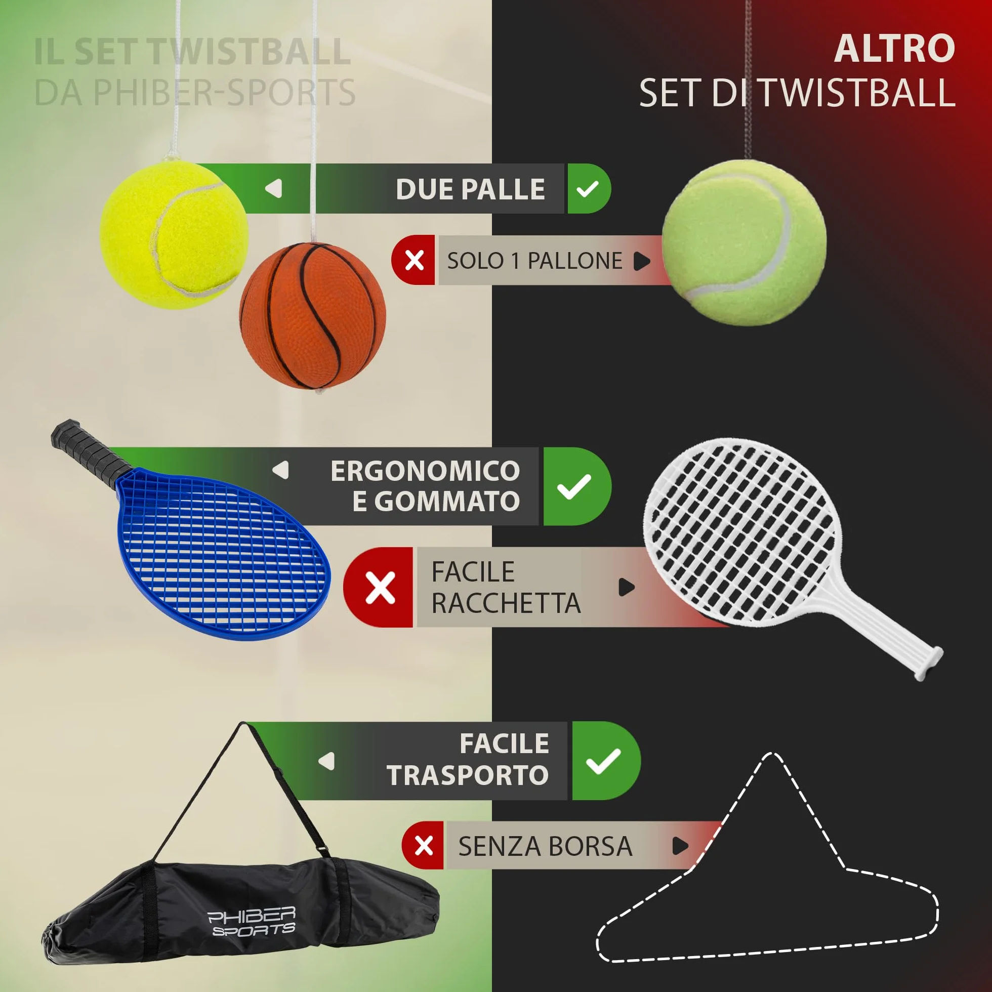 PHIBER-SPORTS Twistball Set Modello Migliorato 2026 – Swingball per Bambini e Adulti, Palla da Tennis su Corda, Tennis Trainer Gioco Giardino