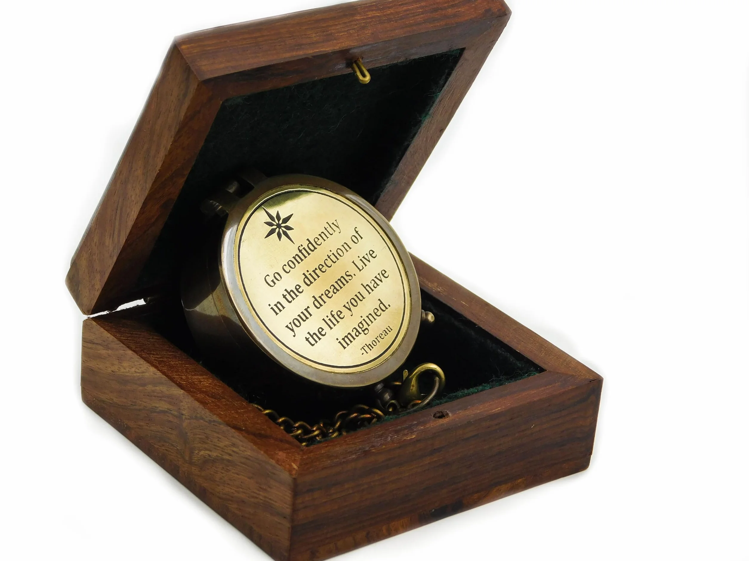 Bussola antica in ottone con incisione Go Confidently in The Direction of Your Dreams – Regalo con scatola di legno