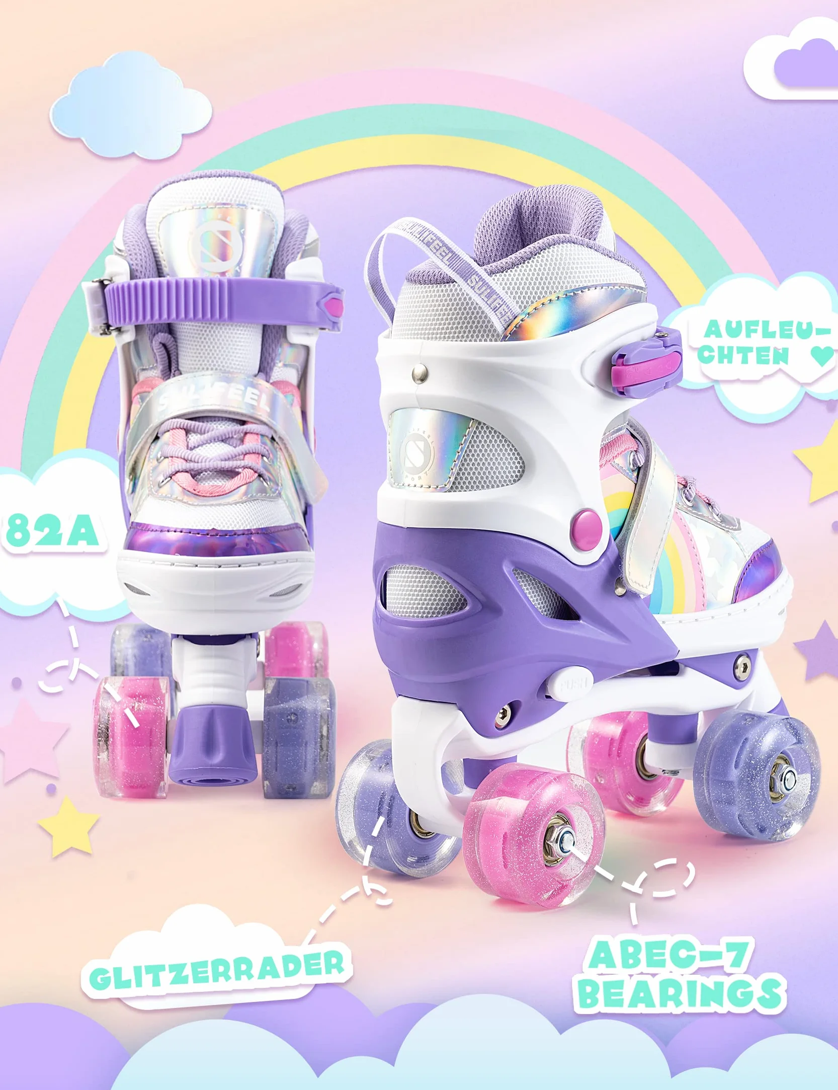 SULIFEEL Rainbow Unicorn Pattini a rotelle regolabili per bambini con ruote luminose per ragazze e ragazzi