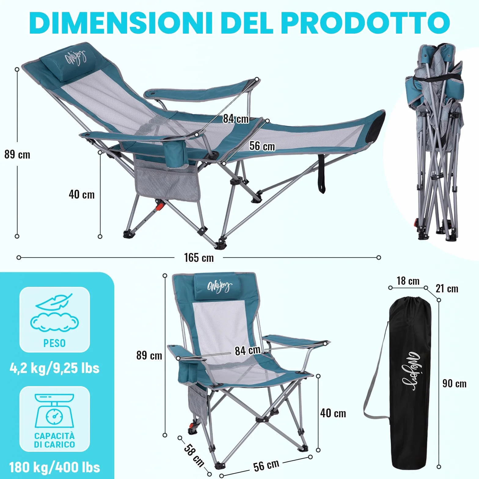 #WEJOY Sedia da campeggio pieghevole 2 in 1, 180 kg, con poggiapiedi, sedia da spiaggia con schienale regolabile in 4 posizioni, sedia a sdraio, sedia a sdraio con supporto per bevande, sedia da