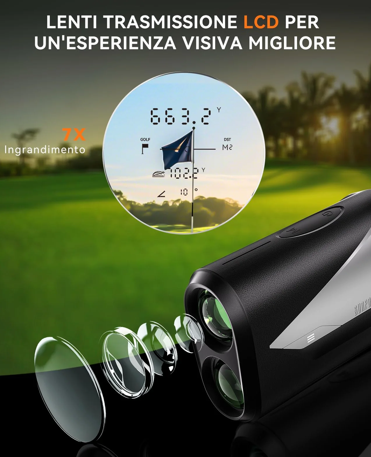 SUNPOW Telemetro Laser 7X Alta Precisione per Golf e Caccia, 1200 Iarde / 1000 Metri, con Pendenza, 5 Modalità, Blocco Asta Bandiera, Vibrazione e Batteria Ricaricabile