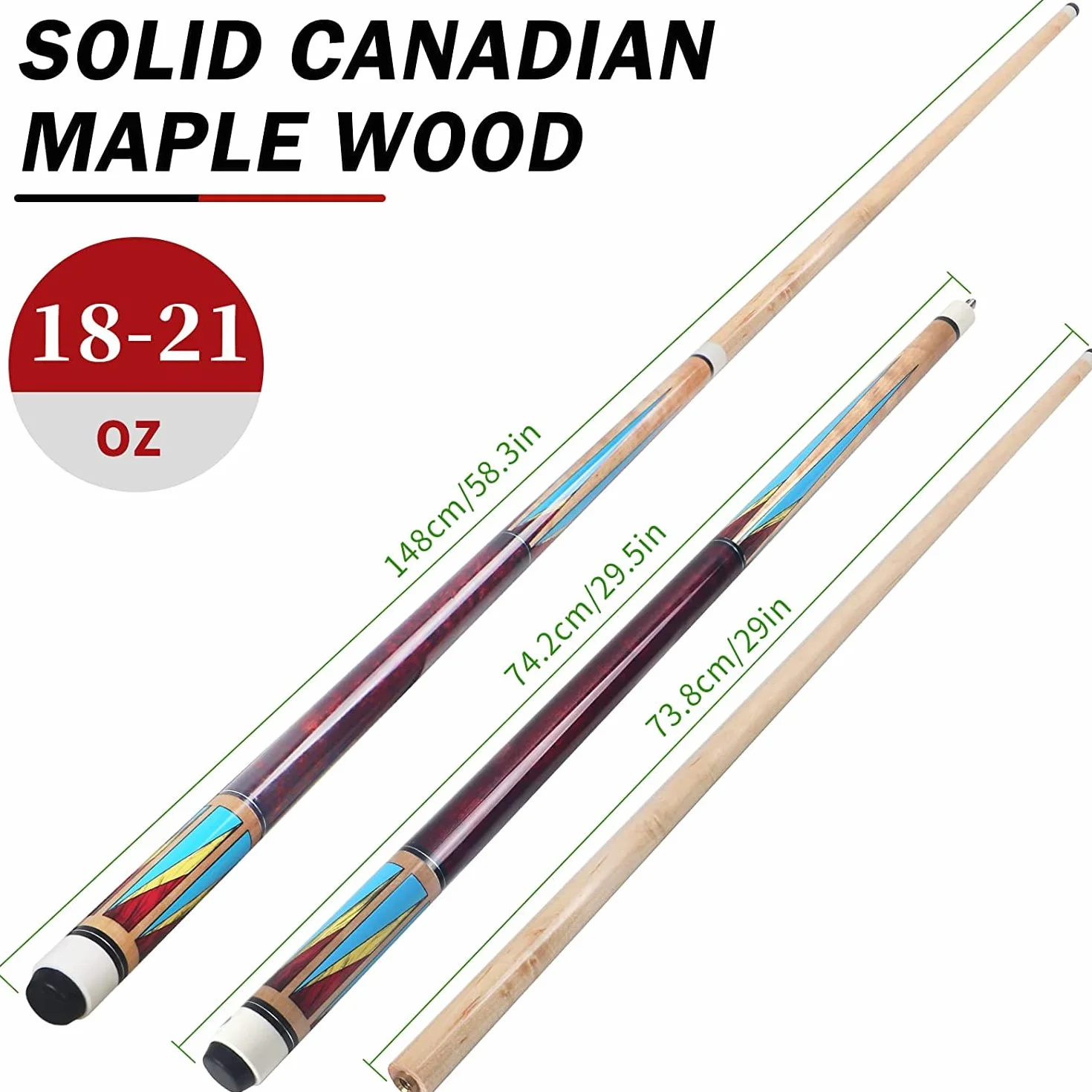 Stecca da Biliardo in Legno di Acero 58" Set 18-21 Once 510-595g