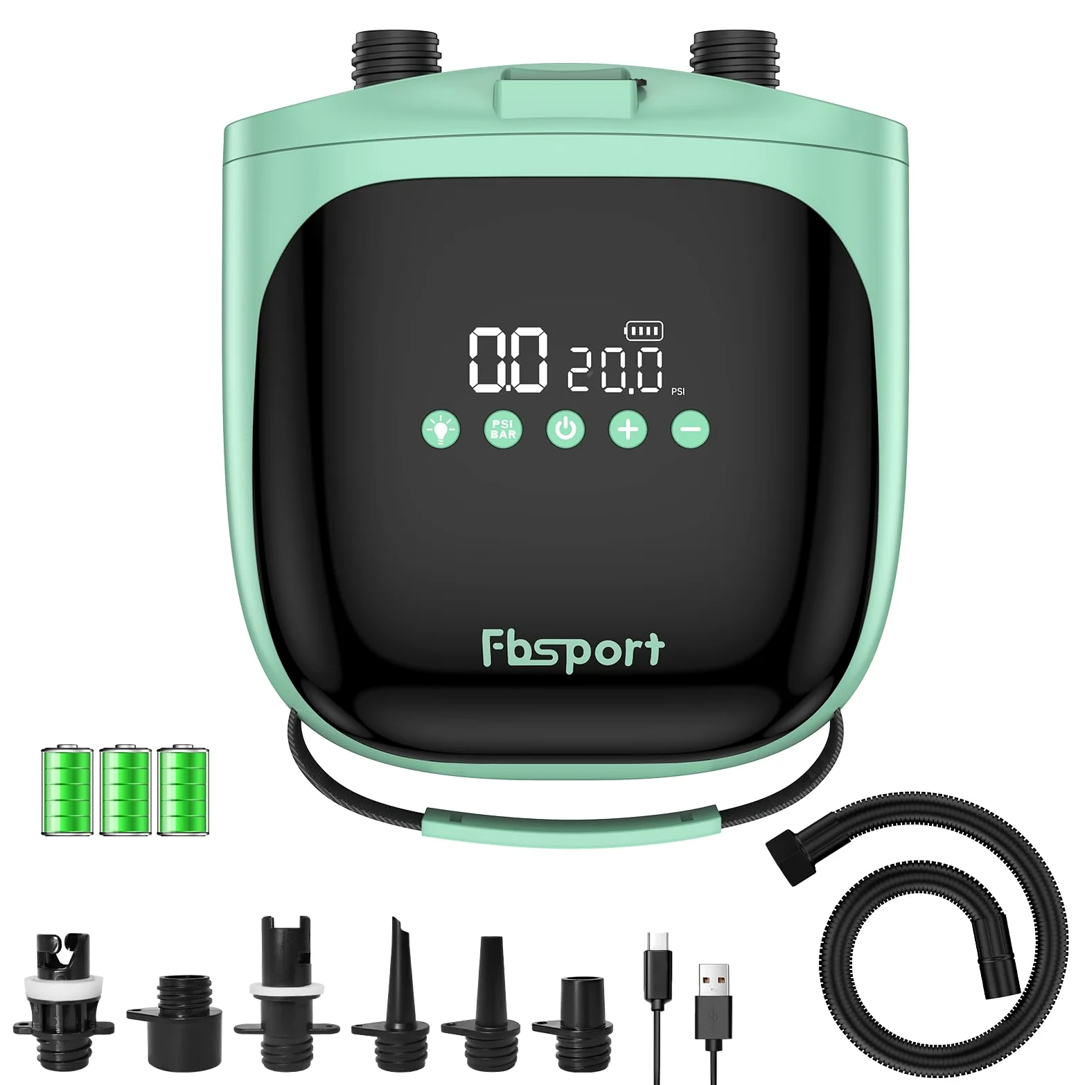 FBSPORT Pompa Elettrica SUP Ricaricabile 4000mAh Batteria & 12V DC Aria Pompa 20PSI per Gonfiabili Portatile con Funzione di spegnimento Automatico e LCD per Paddle Board Kayak Materasso Tenda e Barca