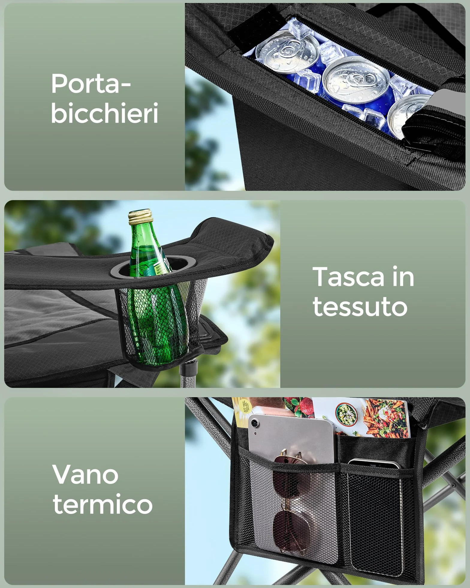 SONGMICS Sedia da Campeggio Imbottita Extra-Large Pieghevole con Supporto Lombare Portante 205 kg Nero Inchiostro