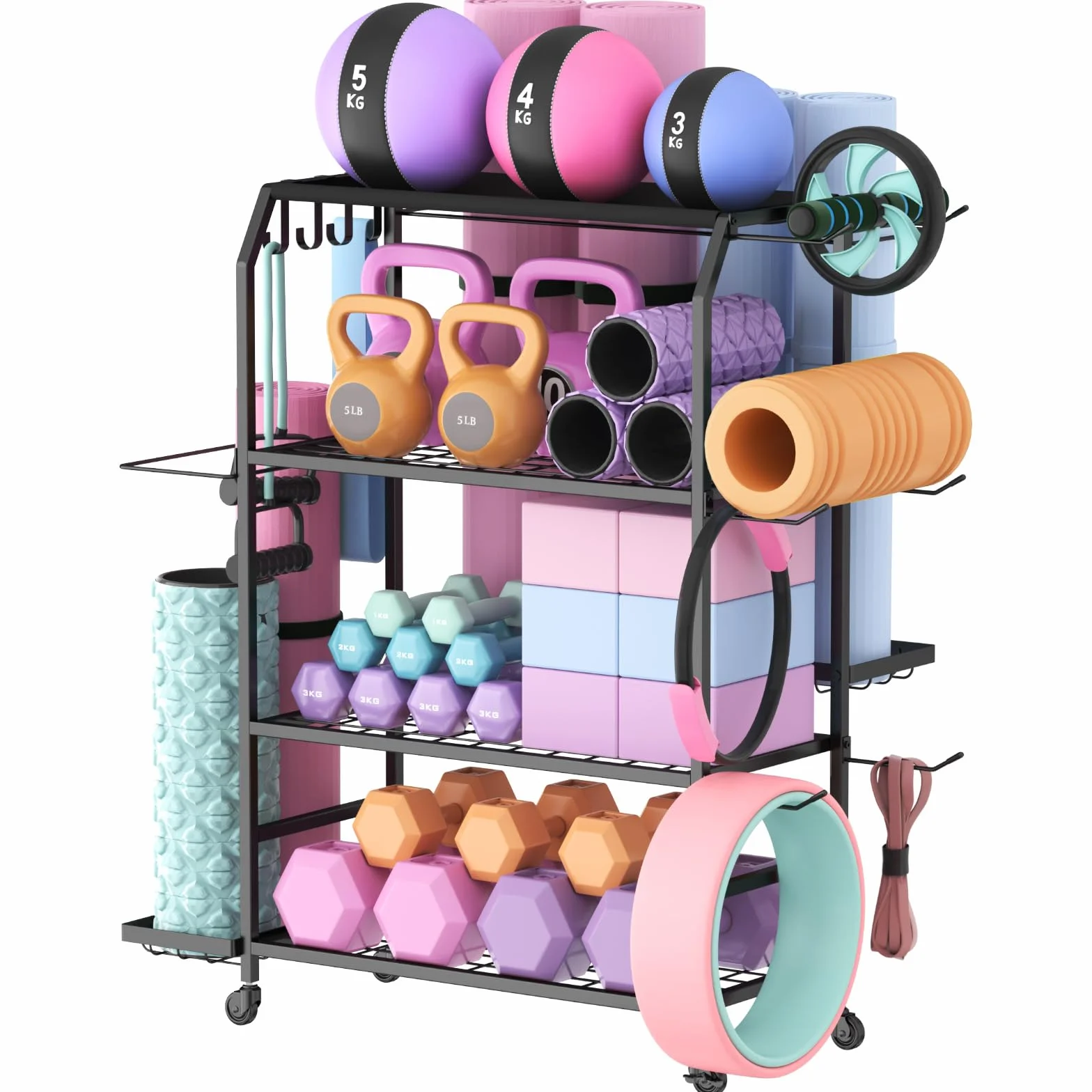 Lifewit Porta per Tappetino da Yoga con Ruote, Rack per Attrezzi da Allenarsi per Manubri, Kettlebells, Blocchi da Yoga, Rulli di Schiuma, Attrezzi da Pilates, per Casa, 98 cm di Altezza, Grande