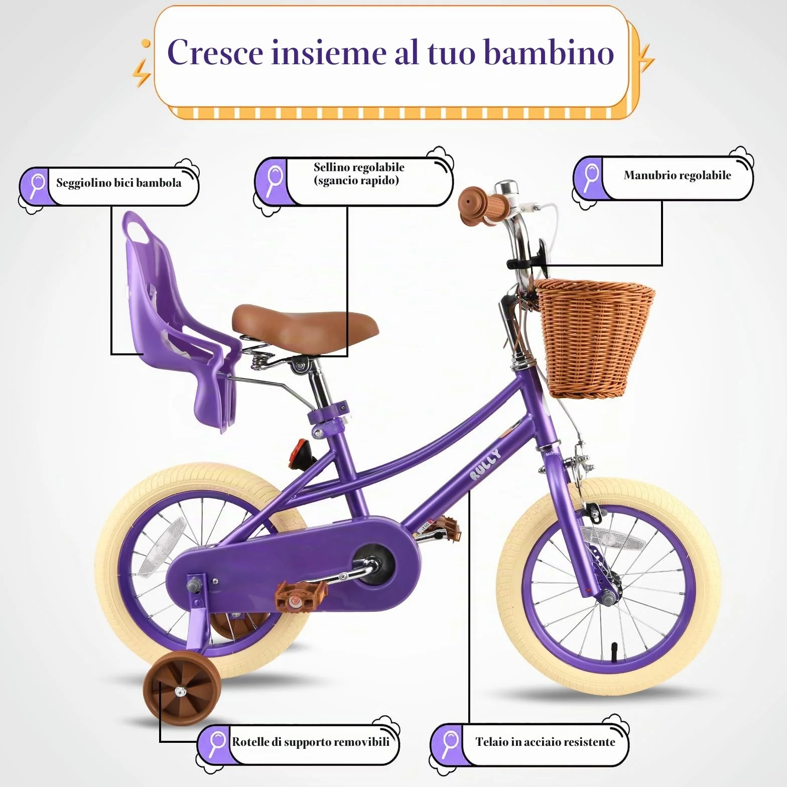 RULLY Bicicletta per Bambina 12 14 16 Pollici 2-7 Anni con Seggiolino per Bambola, Rotelle, Cestino e Nastri
