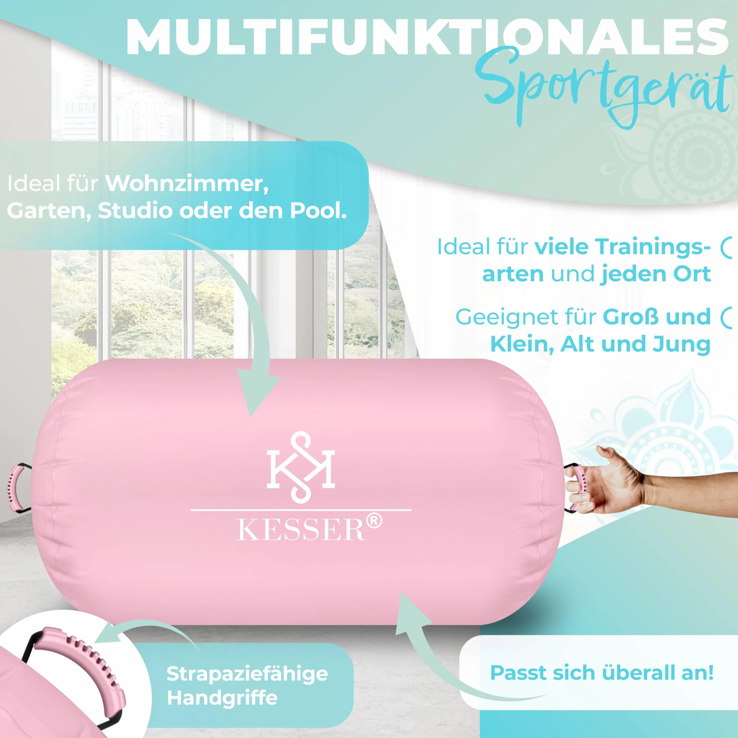 KESSER® Air Roll Airtrack, rullo gonfiabile, per ginnastica, con borsa per il trasporto e pompa ad aria, a barile, per la ginnastica, per lo yoga, per il fitness,