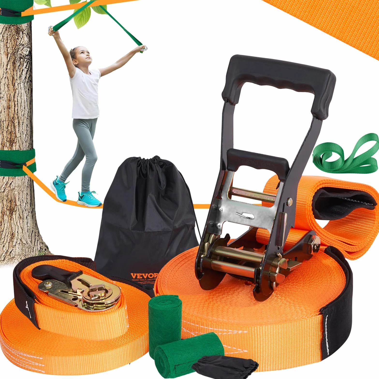 VEVOR Kit Slackline con Linea di Allenamento 18,3m x 5cm, Attrezzatura da Giardino, Set con Protezioni per Alberi