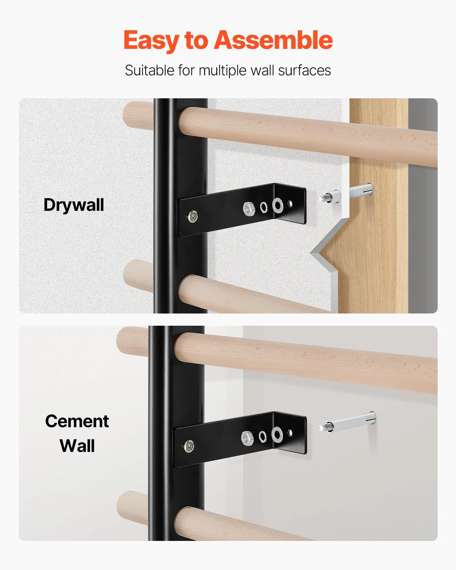 VEVOR Scala Svedese da Parete 150 kg 9 Livelli Barre Ginnastica Legno Massello Acciaio Carbonio 80x80 mm