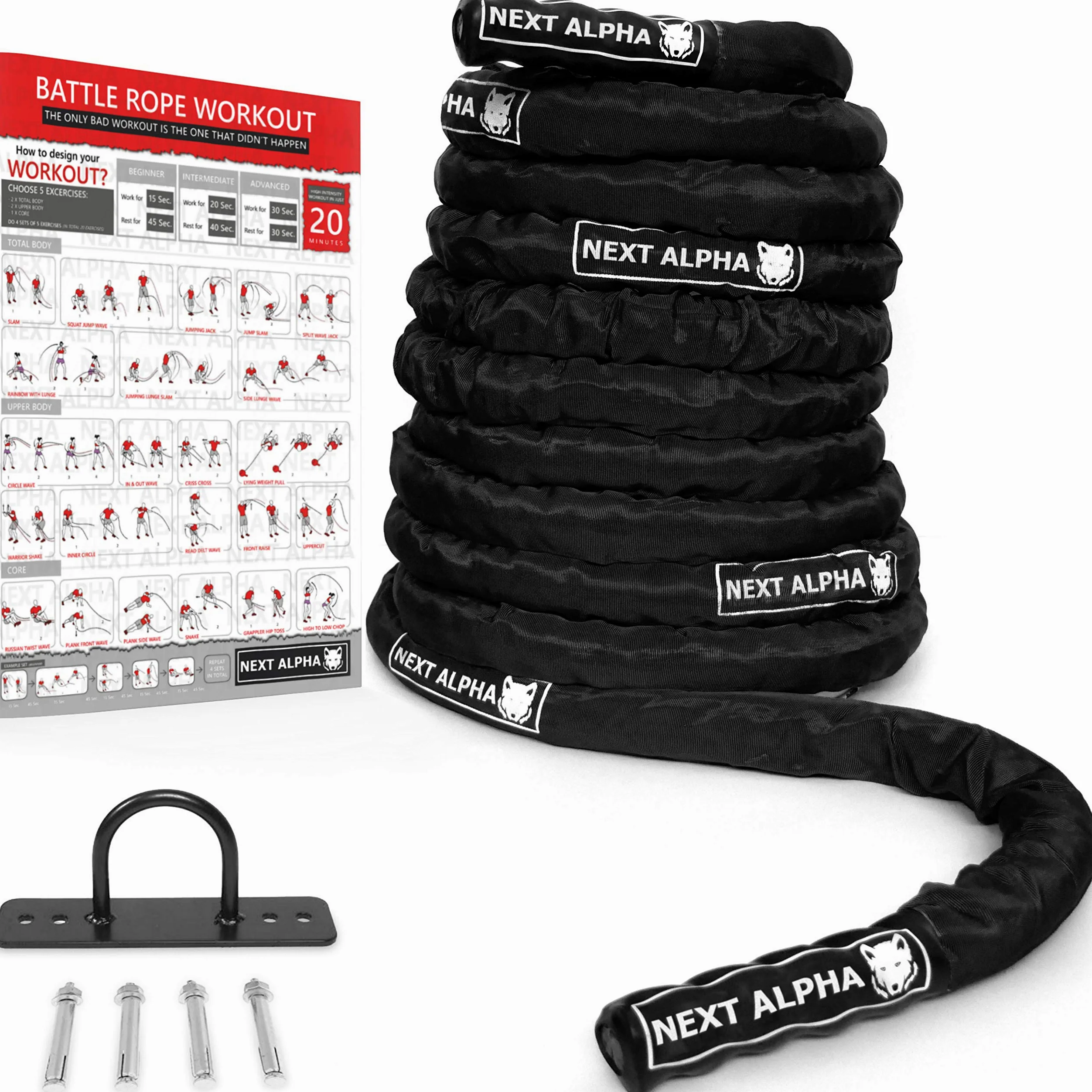 Battle Rope - Corda da Allenamento - 38mm/50mm, 9m/12m/15m - Fascette di Protezione - Ancoraggio a Muro - Workout Instruction Poster