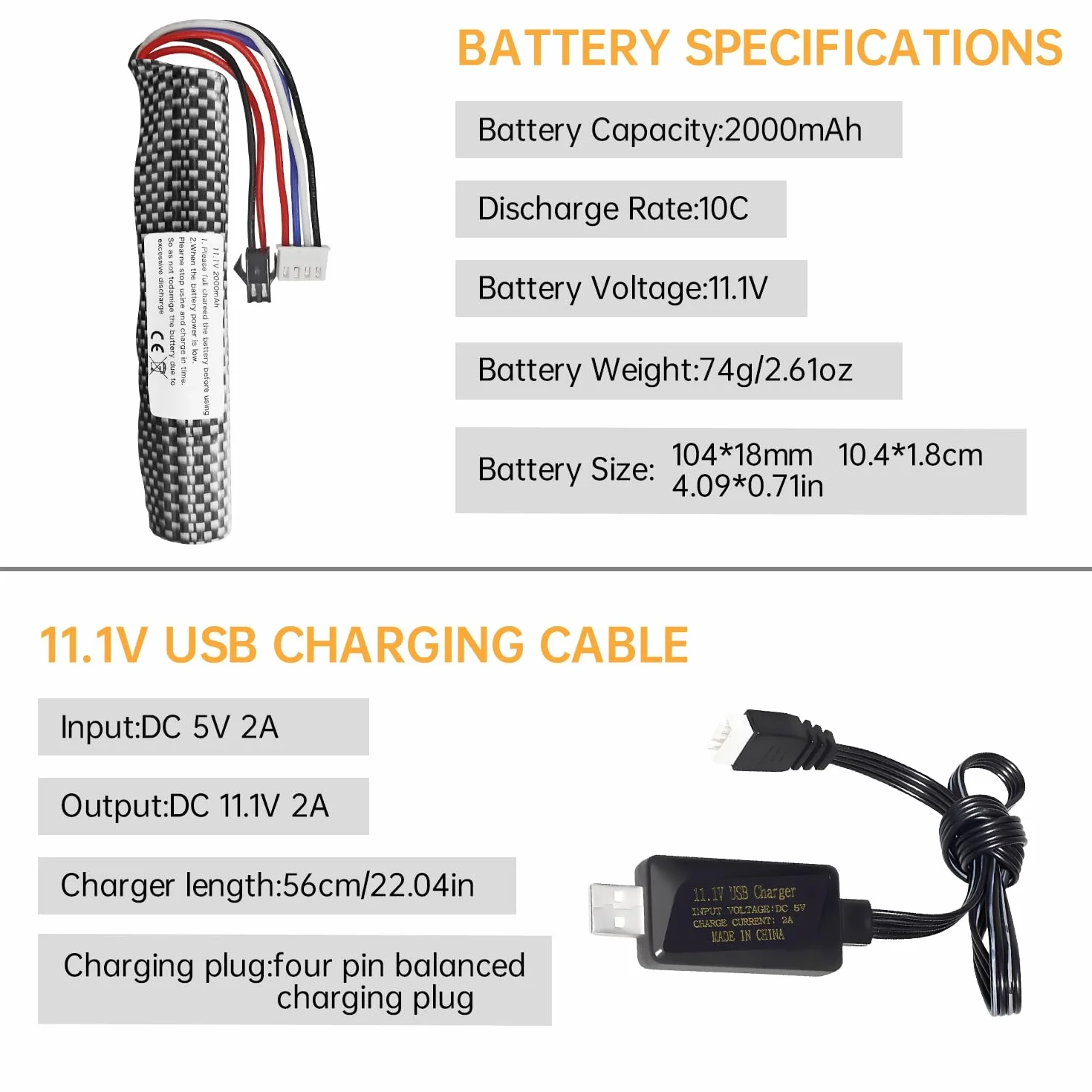 Batteria Li-ion 3S 11.1V 2000mAh SM-2P con cavo USB per Airsoft Gel Ball Blaster