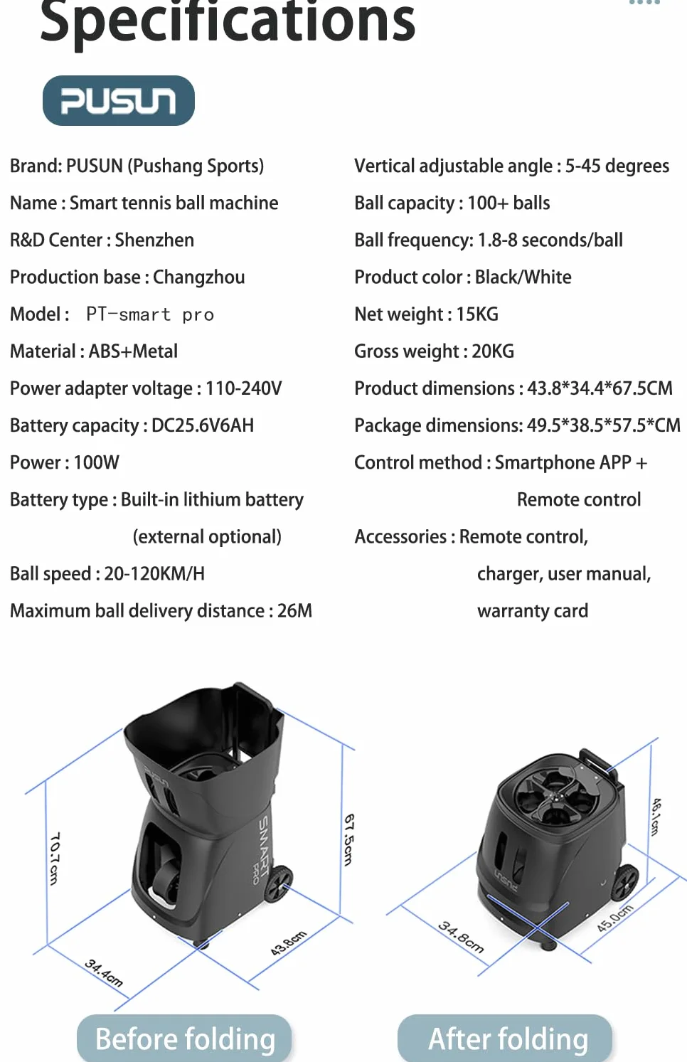 Macchina Lanciapalle PT-Smart PRO Tennis Padel Oscillazione Interna App Telecomando 100+ Palline 20–120 km/h