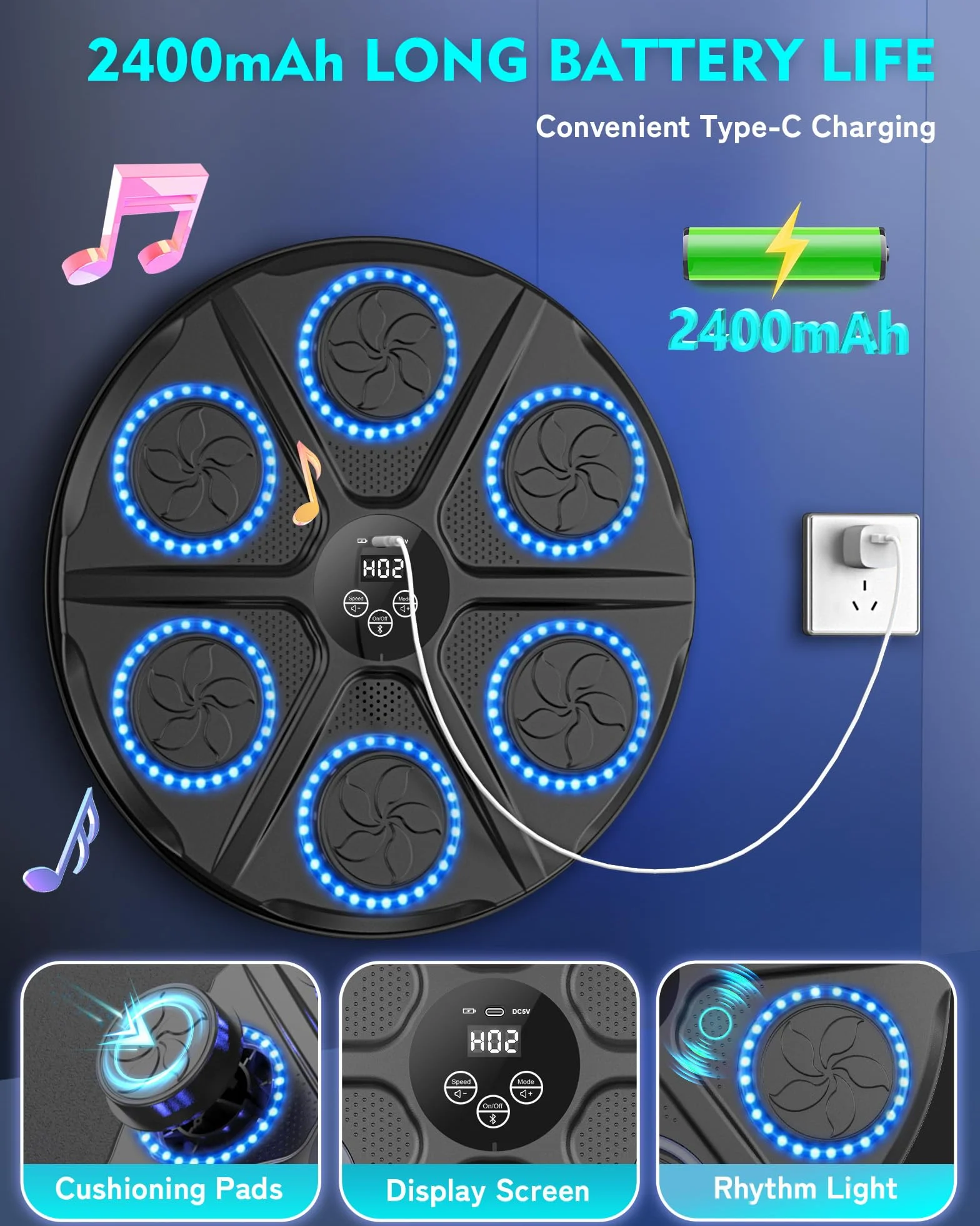 Music Boxing Machine Adulti - 12 modalità di velocità Macchina da BOXEN Musical Pugile con Guanti da Boxe - LED Musica Bluetooth Boxe Allenamento per Casa