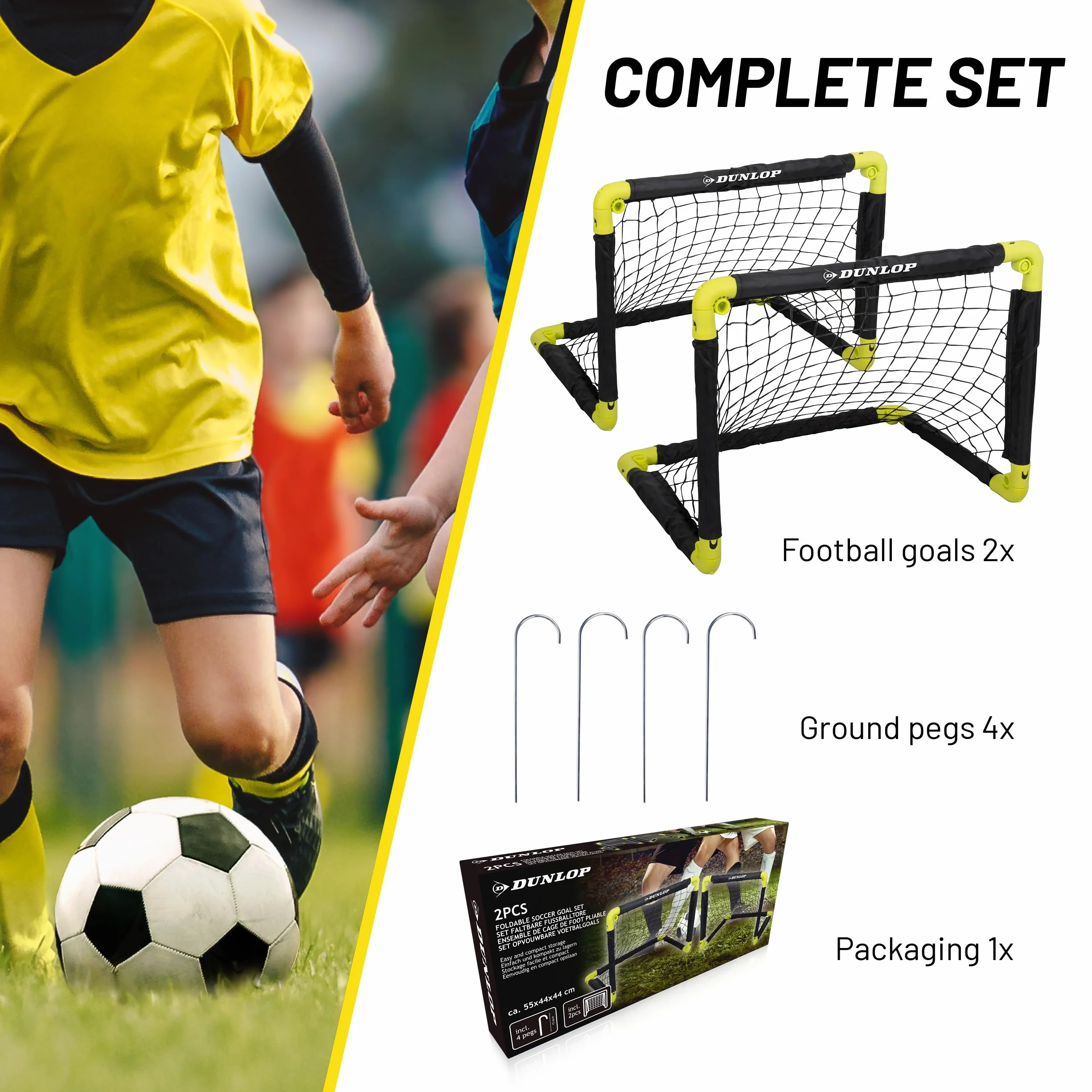 Dunlop Porta da calcio 50 x 44 x 44 cm Set di 2 Mini porta pieghevole Nero Giallo