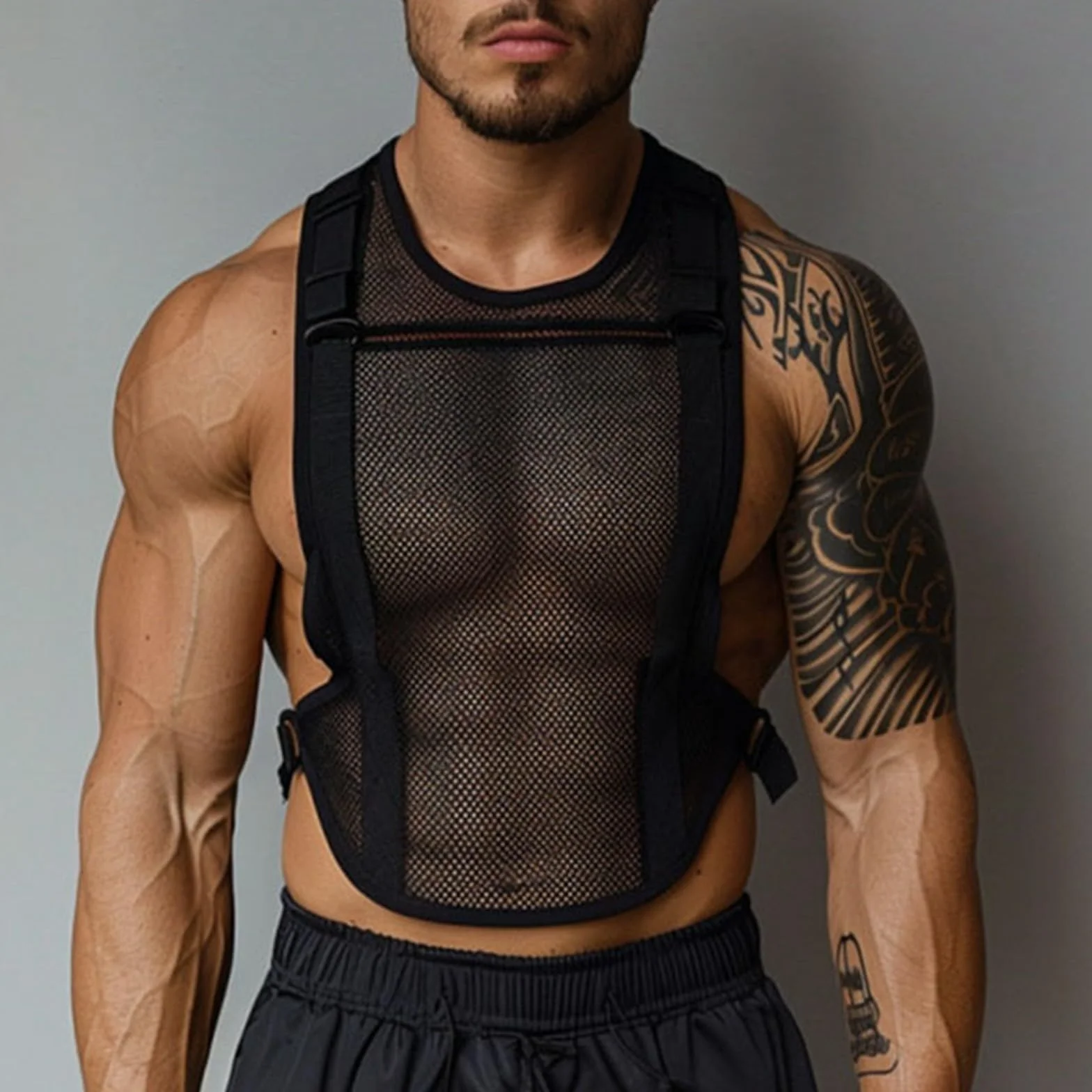 Top da uomo in rete a crop scollo rotondo traspirante senza maniche sexy per sport palestra clubwear